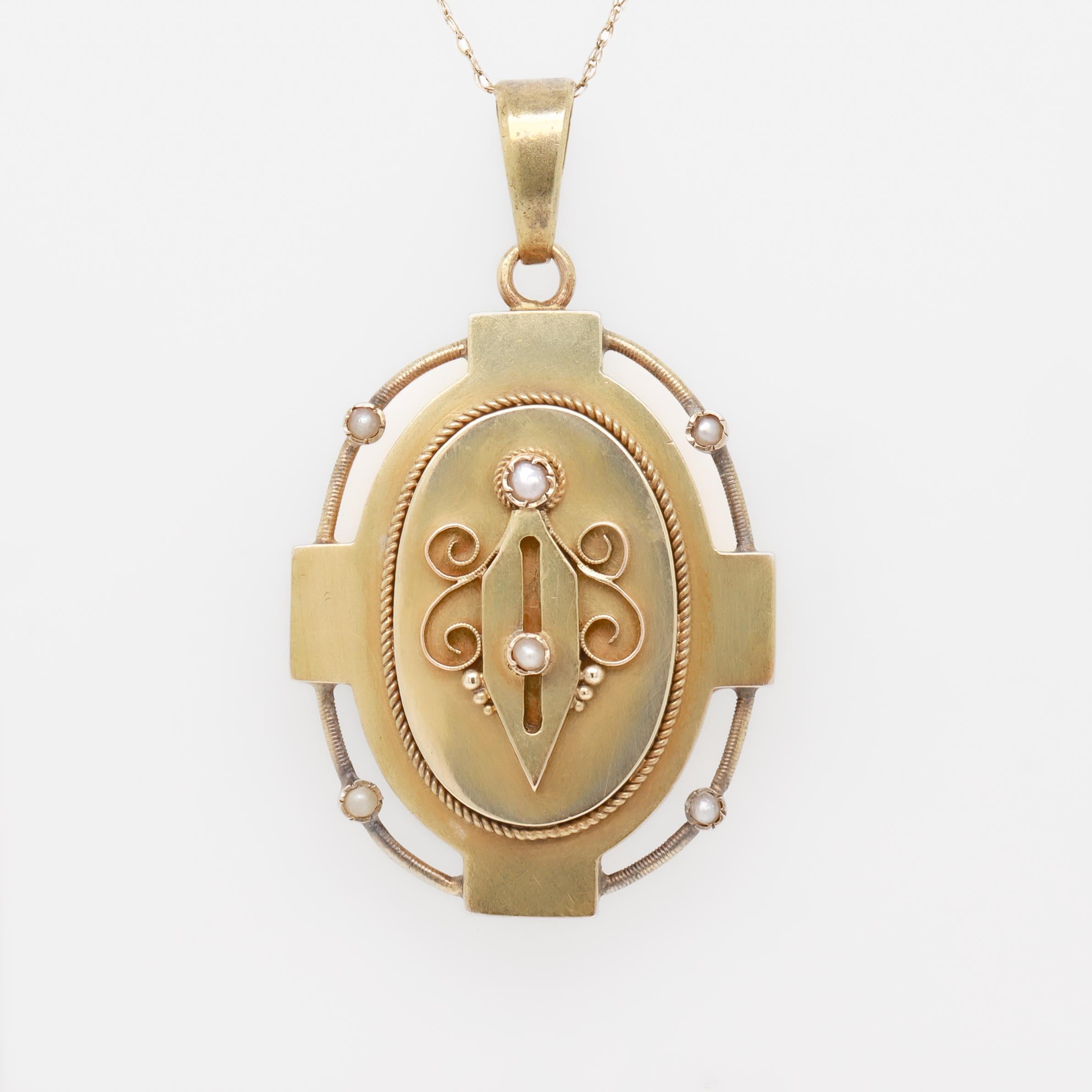 Women's or Men's Antique Victorian 14k Gold and Seed Pearl Pendant Locket For Sale