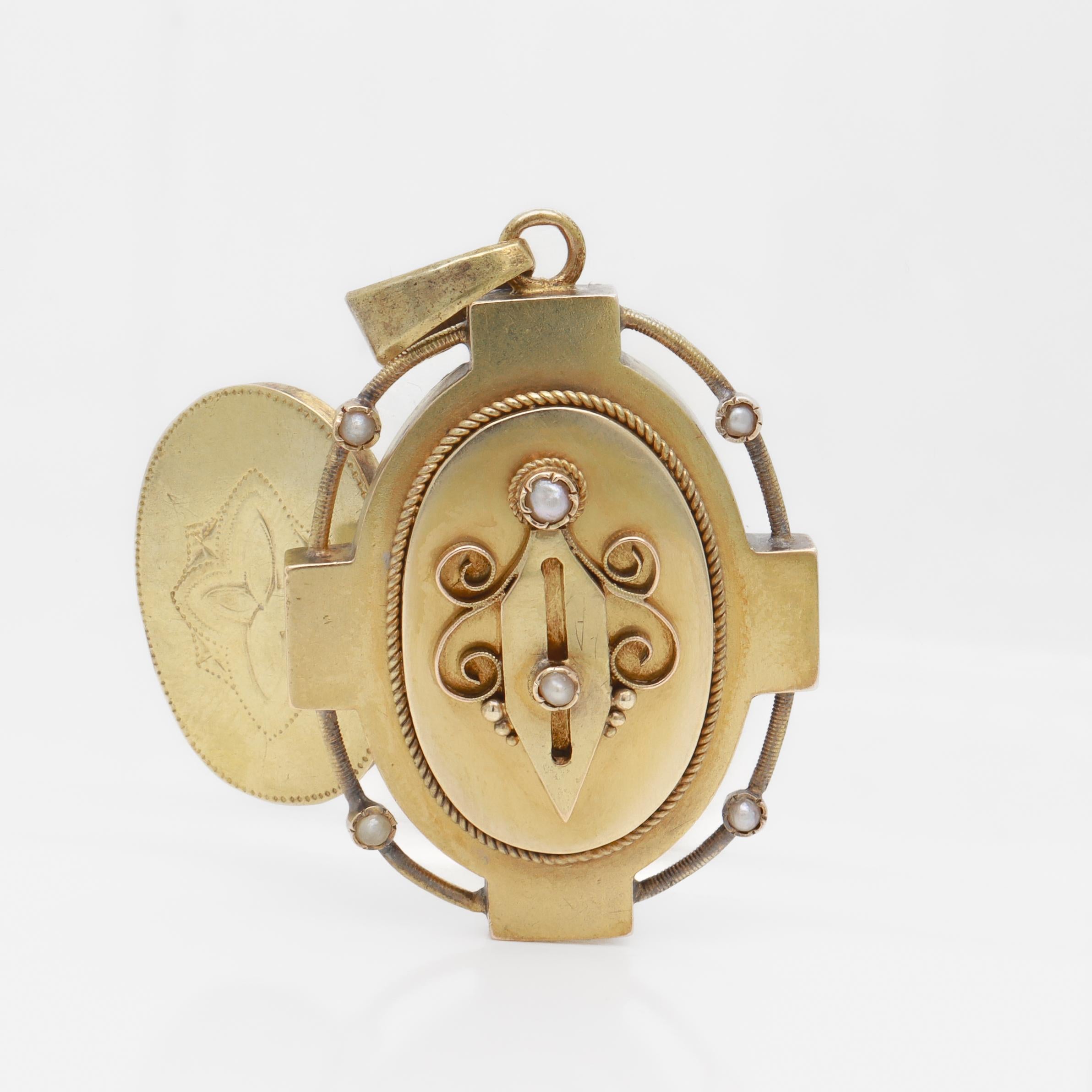 Antique Victorian 14k Gold and Seed Pearl Pendant Locket For Sale 1