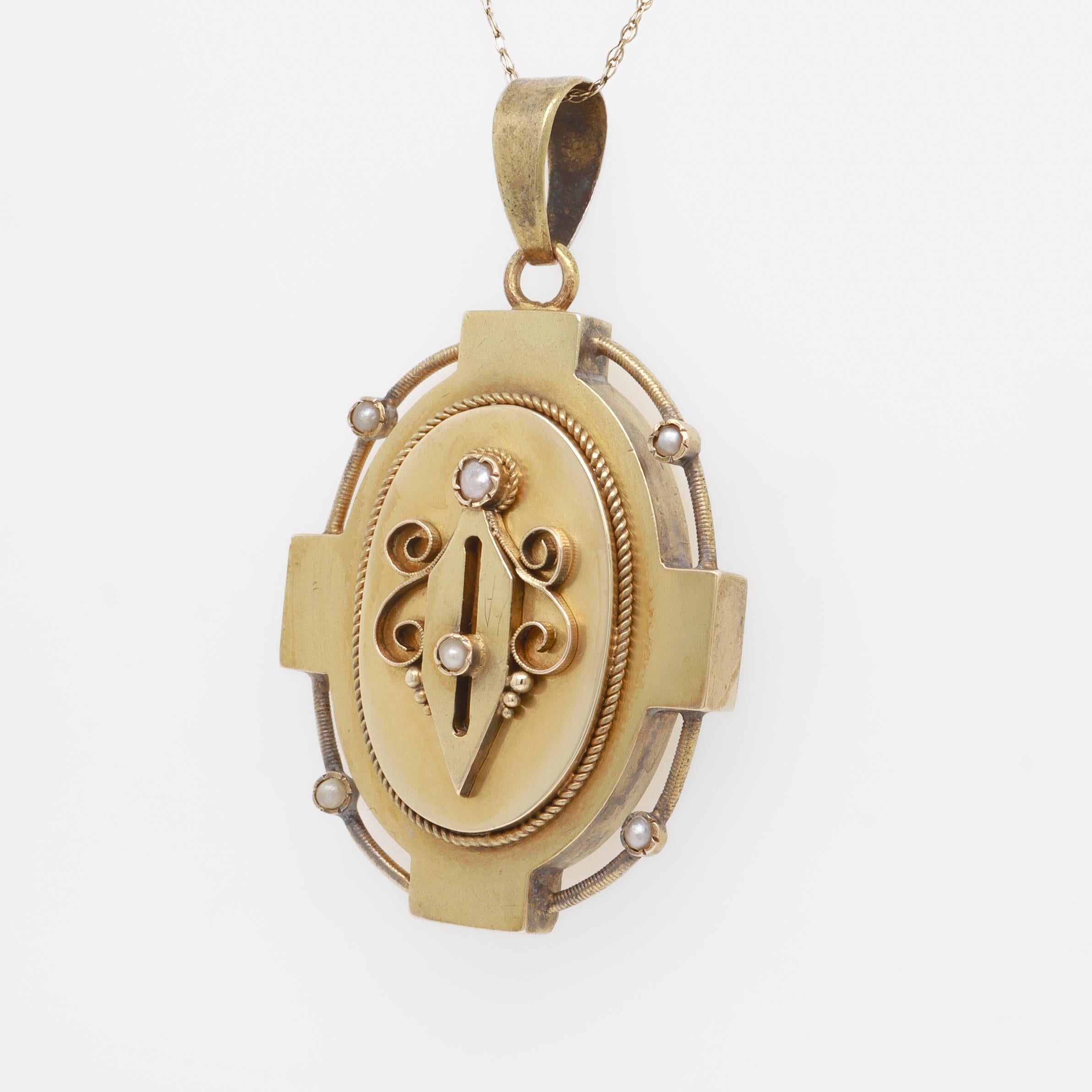Antique Victorian 14k Gold and Seed Pearl Pendant Locket For Sale 3