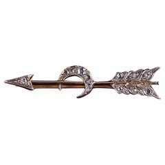 Antique Victorian 14K Gold and Silver Diamond Arrow and Crescent Pin Brooch