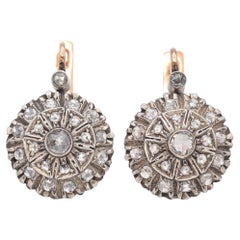 Pendientes antiguos victorianos de oro de 14 quilates y plata en racimo de diamantes talla rosa