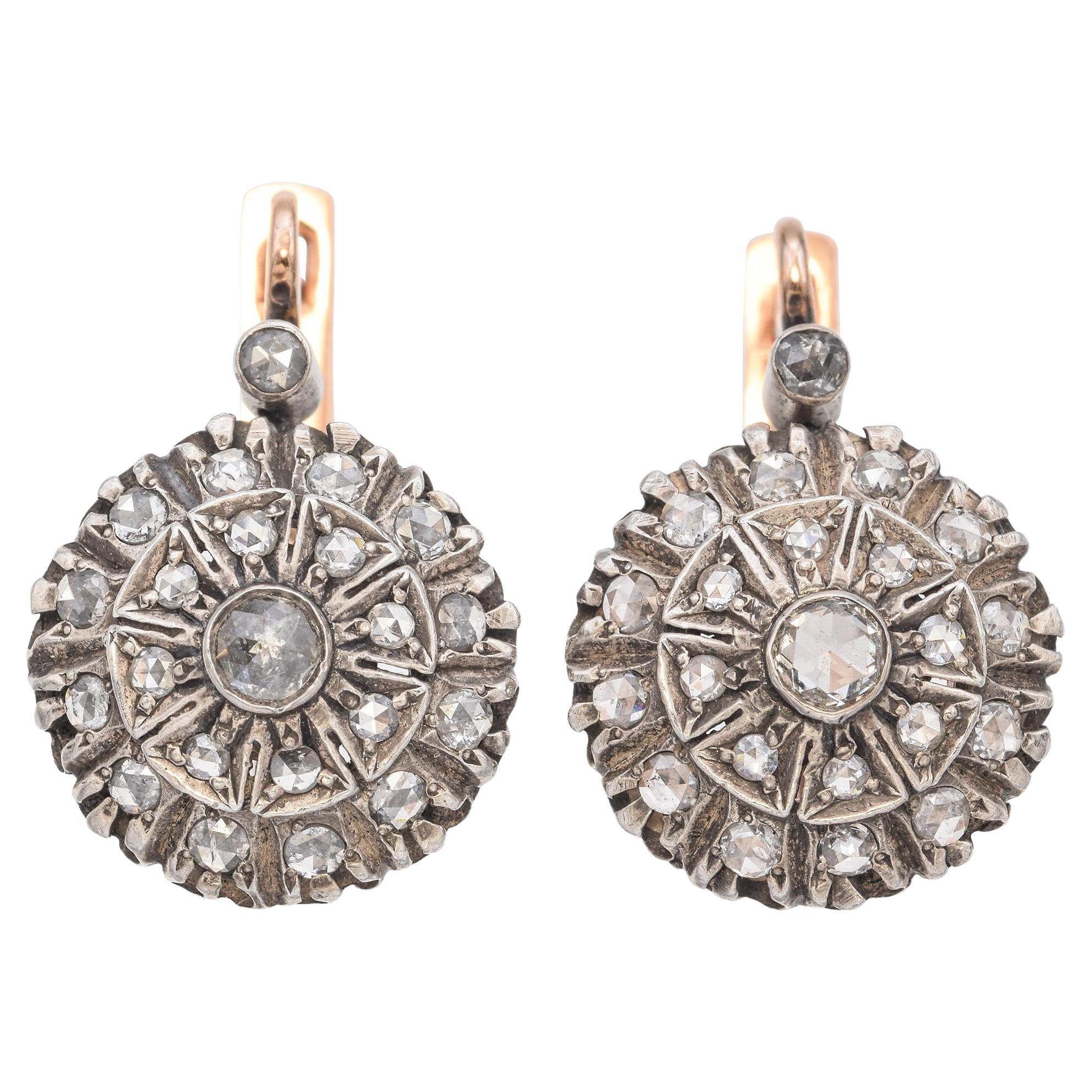 Antique Victorian 14k Gold and Silver Rose Cut Diamond Cluster Earrings