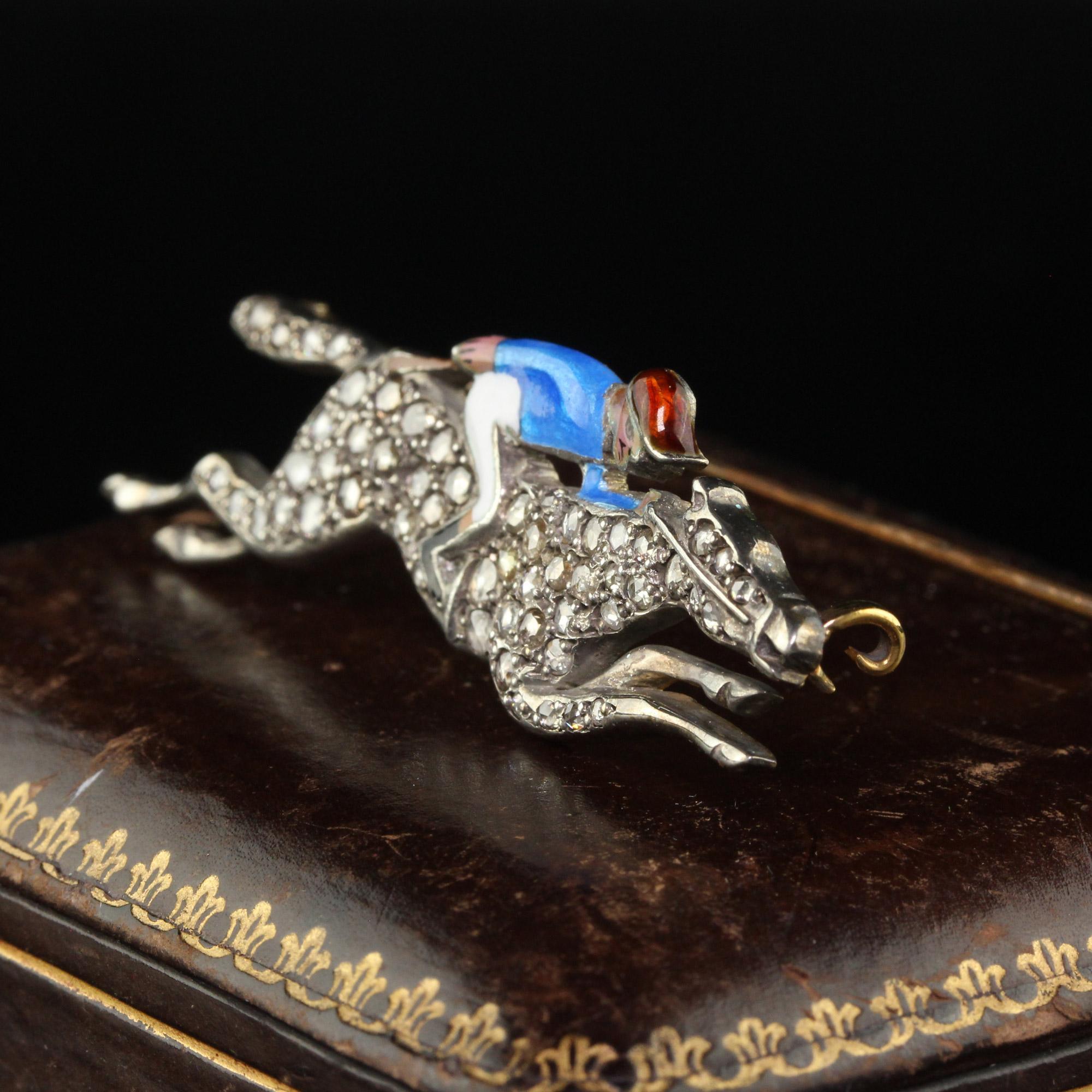 Women's or Men's Antique Victorian 14K Gold and Silver Rose Cut Diamond Horse Jockey Enamel Pin For Sale
