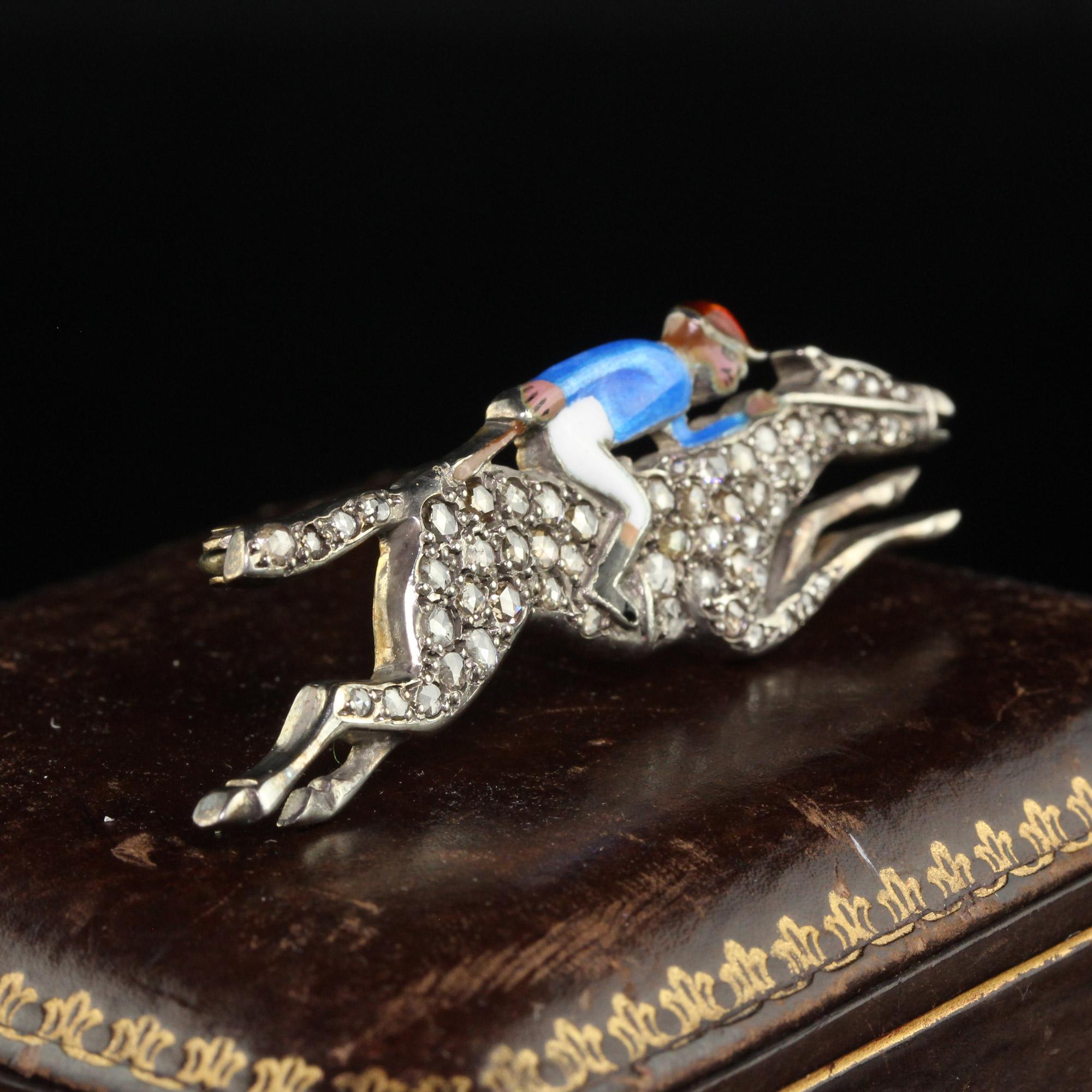Antique Victorian 14K Gold and Silver Rose Cut Diamond Horse Jockey Enamel Pin For Sale 1