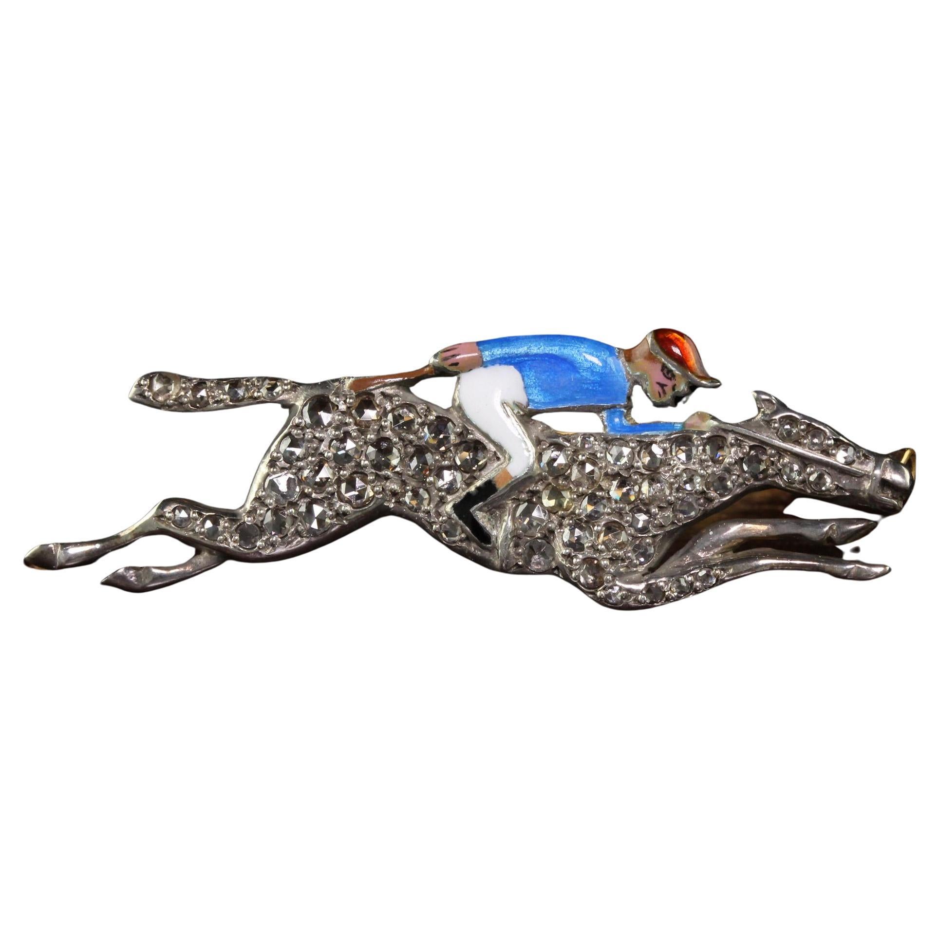 Antique Victorian 14K Gold and Silver Rose Cut Diamond Horse Jockey Enamel Pin