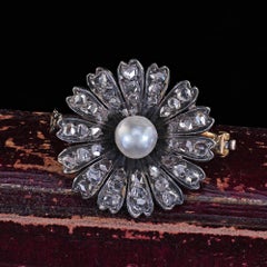 Antique Victorian 14K Gold and Silver Rose Cut Diamond Pearl Flower Pin Brooch