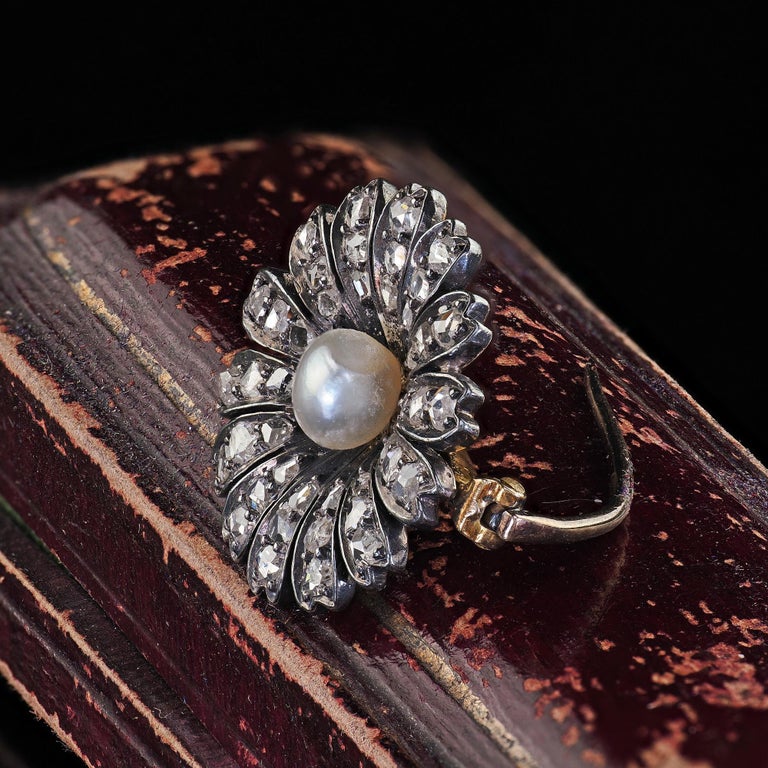 Broche Antique Victorienne En Argent 925 Et Or 18k Avec Diamants Taille Rose - Circa 1860