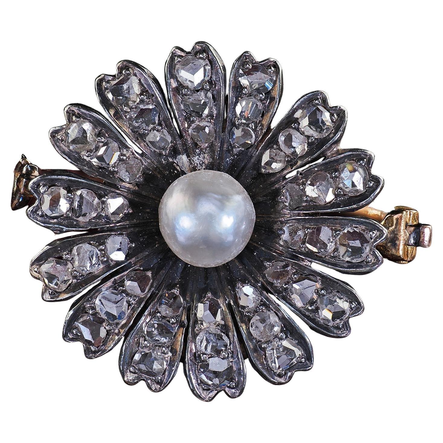 Antique Victorian 14K Gold and Silver Rose Cut Diamond Pearl Flower Pin Brooch