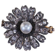 Antique Victorian 14K Gold and Silver Rose Cut Diamond Pearl Flower Pin Brooch
