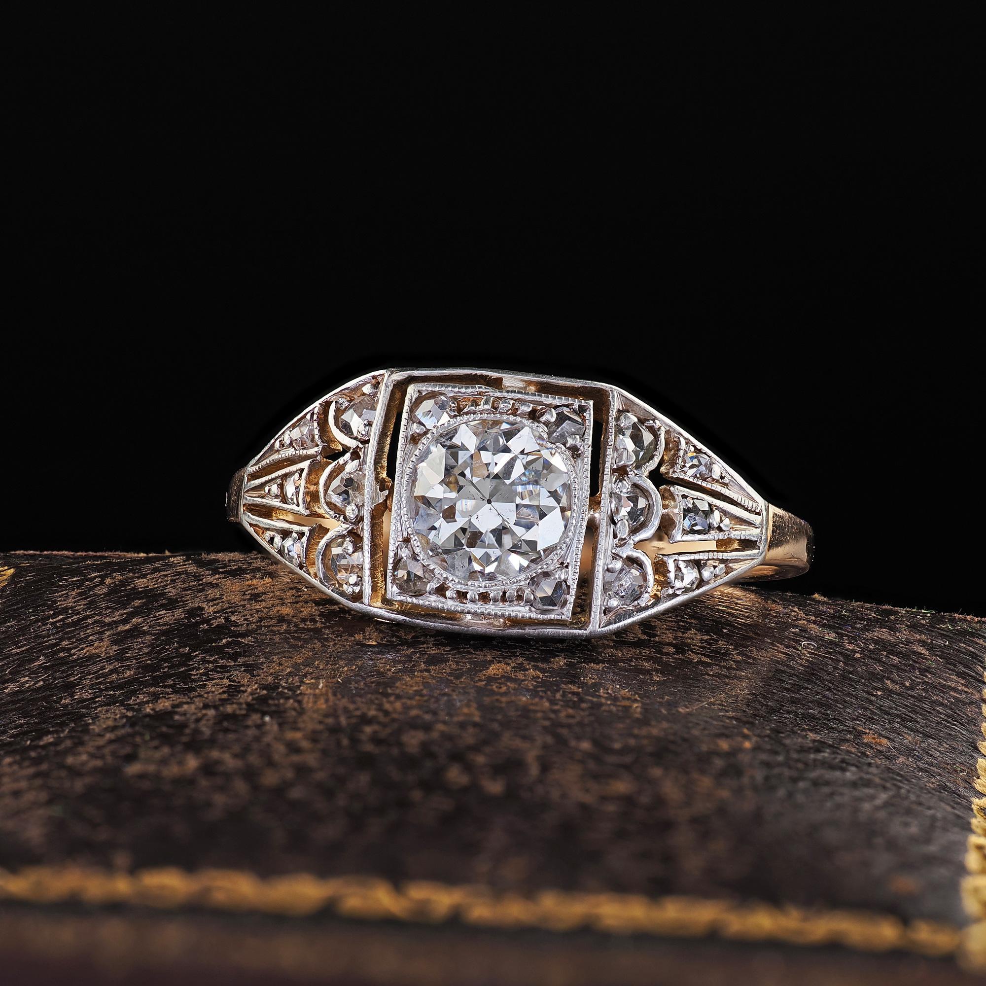 Beautiful Antique Victorian 14K Gold and Silver Top Old Cut Diamond Engagement Ring - GIA. This beautiful Victorian old cut diamond engagement ring is crafted in 14k yellow gold and silver top. This beautiful ring features an old cut diamond in the