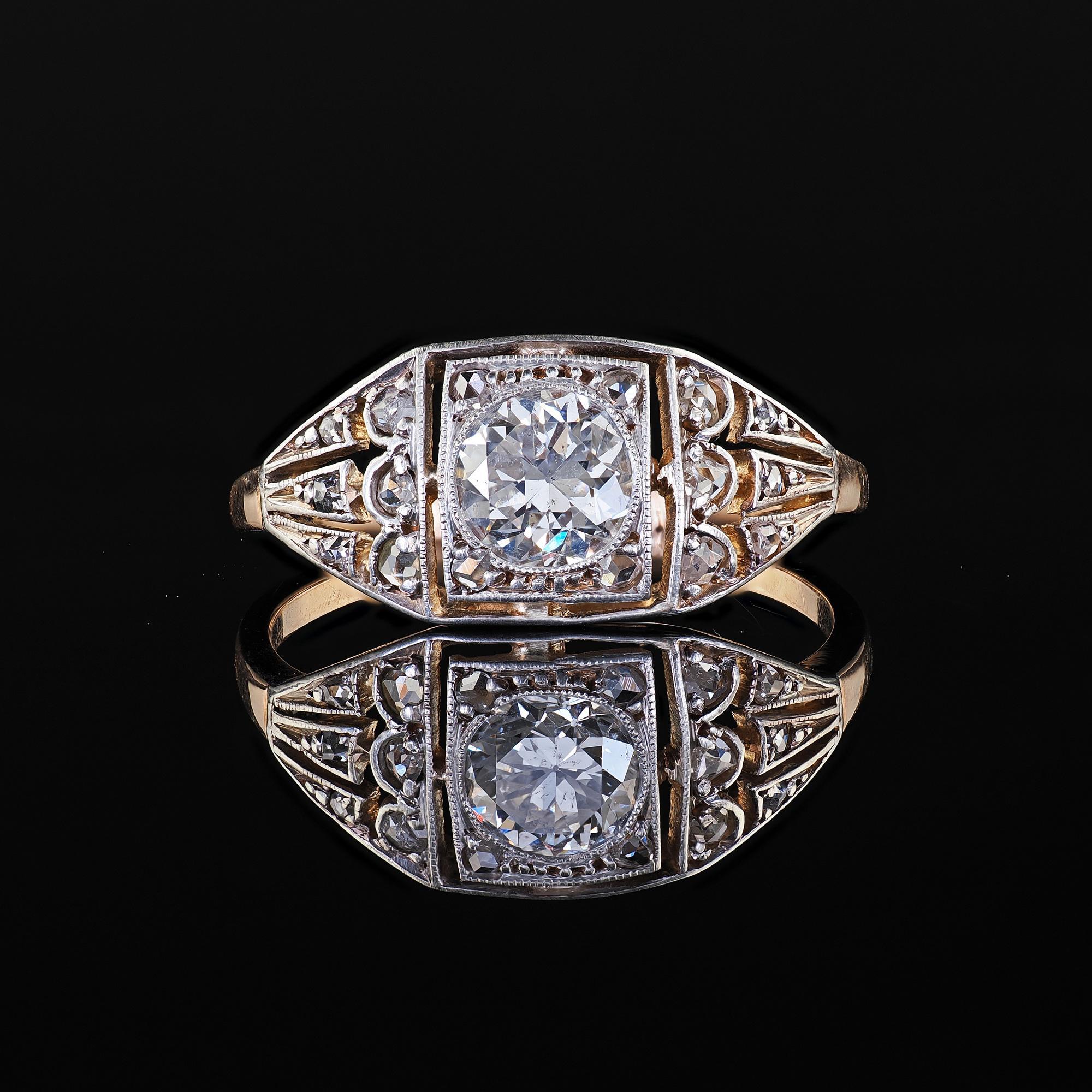 Antique Victorian 14K Gold and Silver Top Old Cut Diamond Engagement Ring - GIA For Sale 2