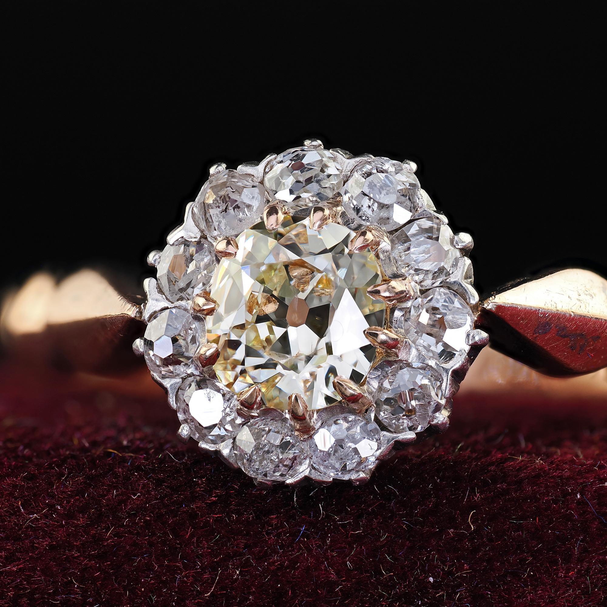 Donna Antico anello di fidanzamento vittoriano in oro 14K e argento con diamanti Old Mine - GIA in vendita