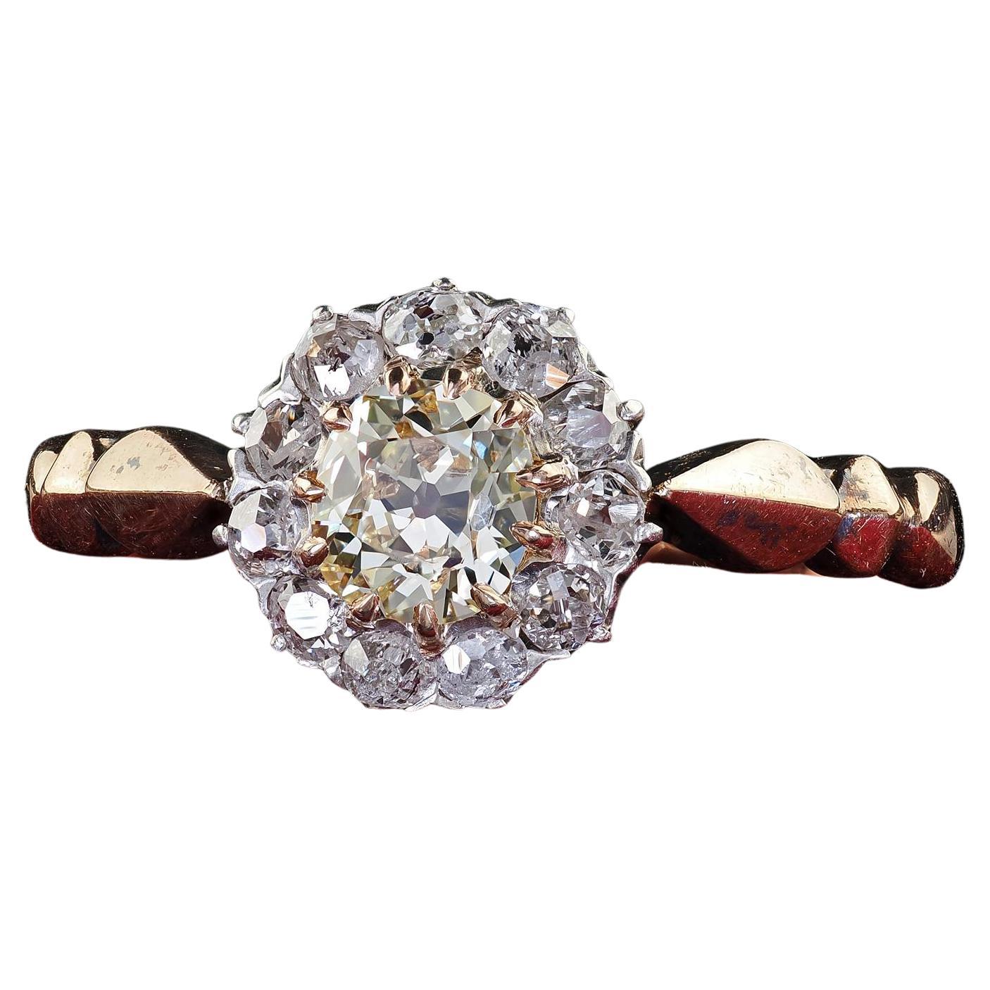 Antico anello di fidanzamento vittoriano in oro 14K e argento con diamanti Old Mine - GIA in vendita