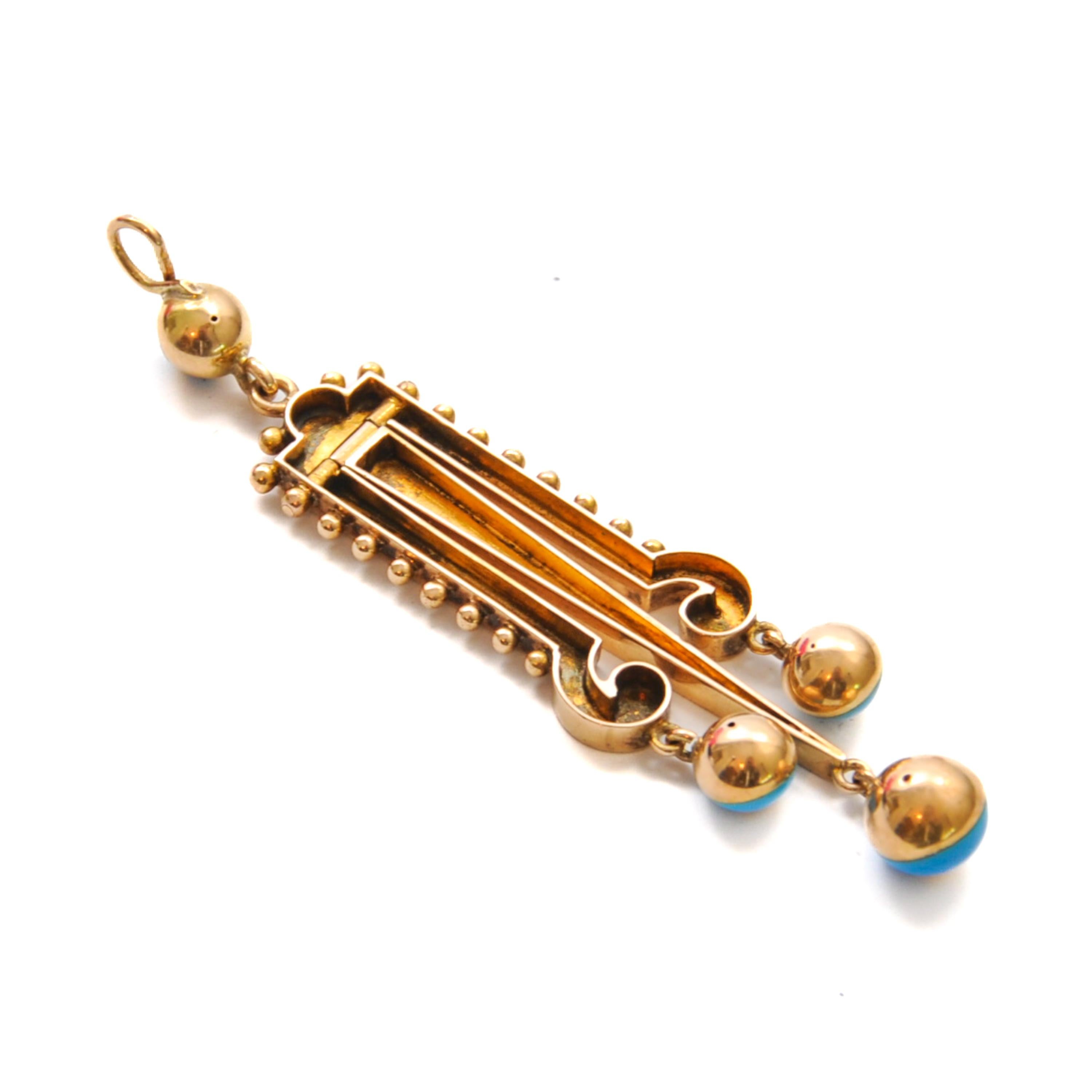 Antique Victorian 14K Gold and Turquoise Enameled Movable Pendant For Sale 4