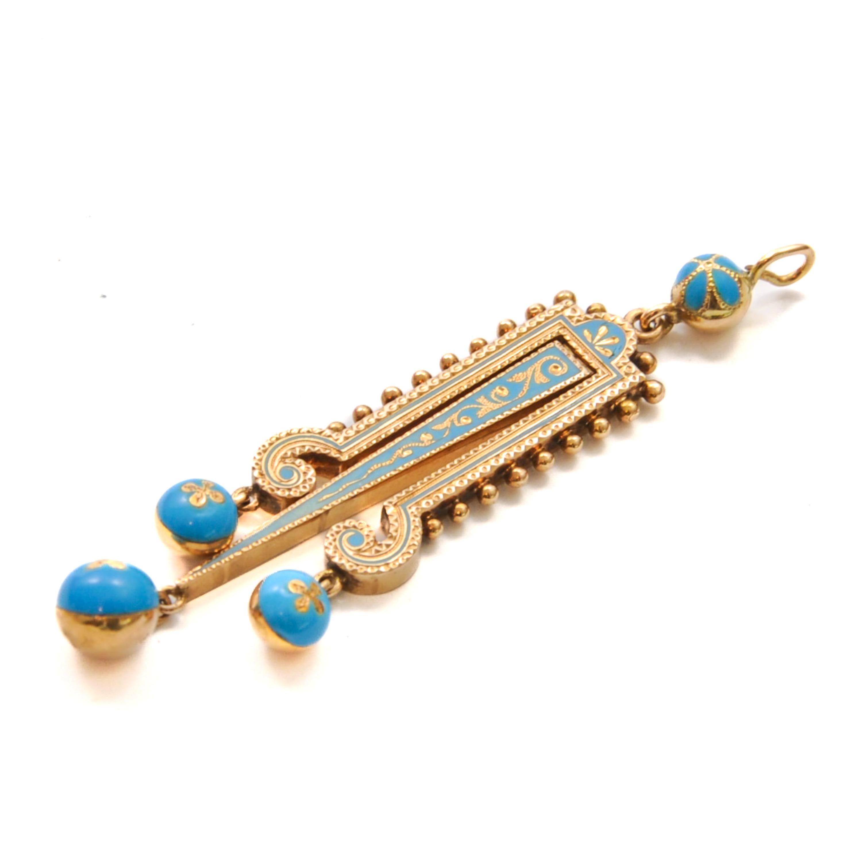 Antique Victorian 14K Gold and Turquoise Enameled Movable Pendant For Sale 5