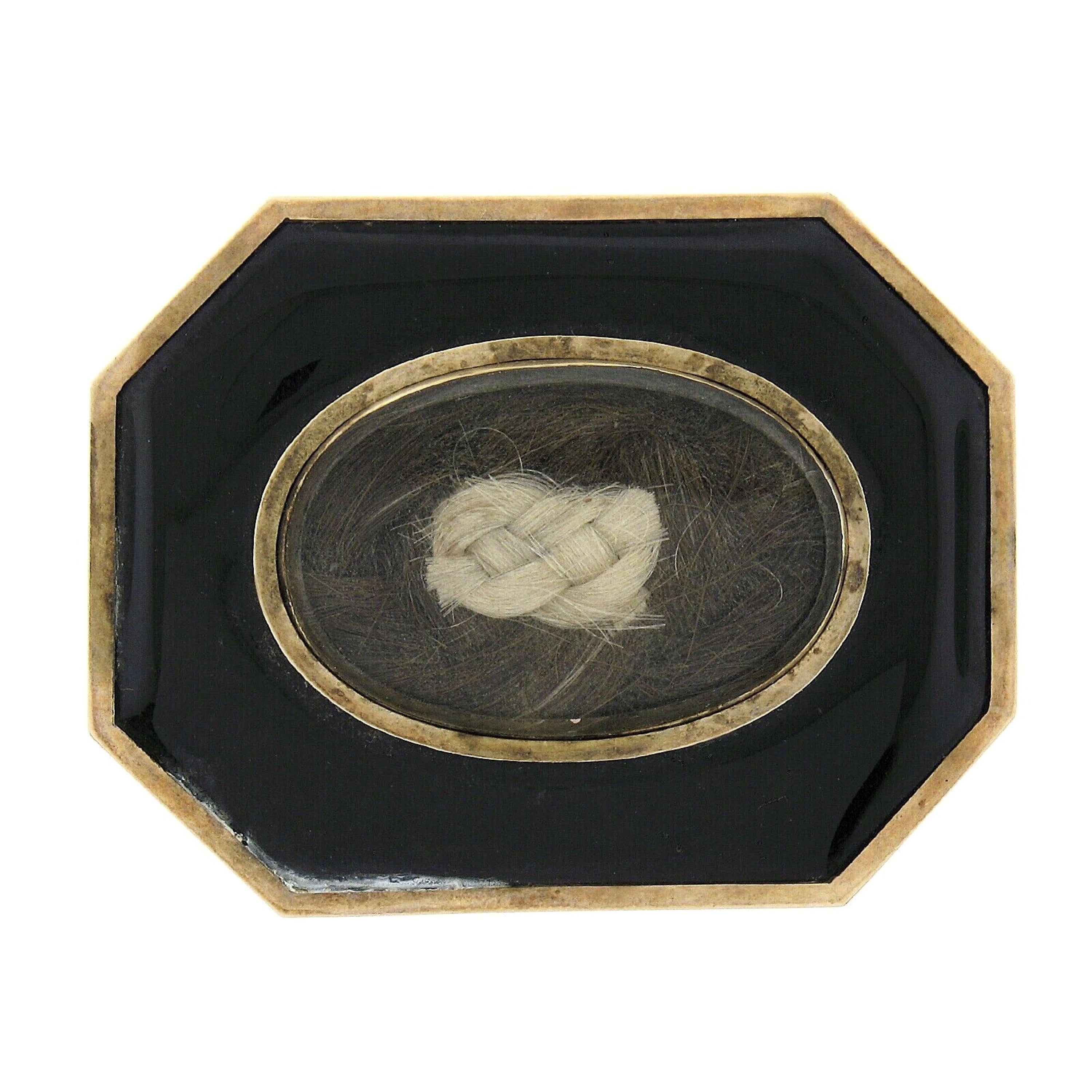 Antiguo broche victoriano de oro de 14 quilates con bisel de ónix negro y pelo de luto octogonal