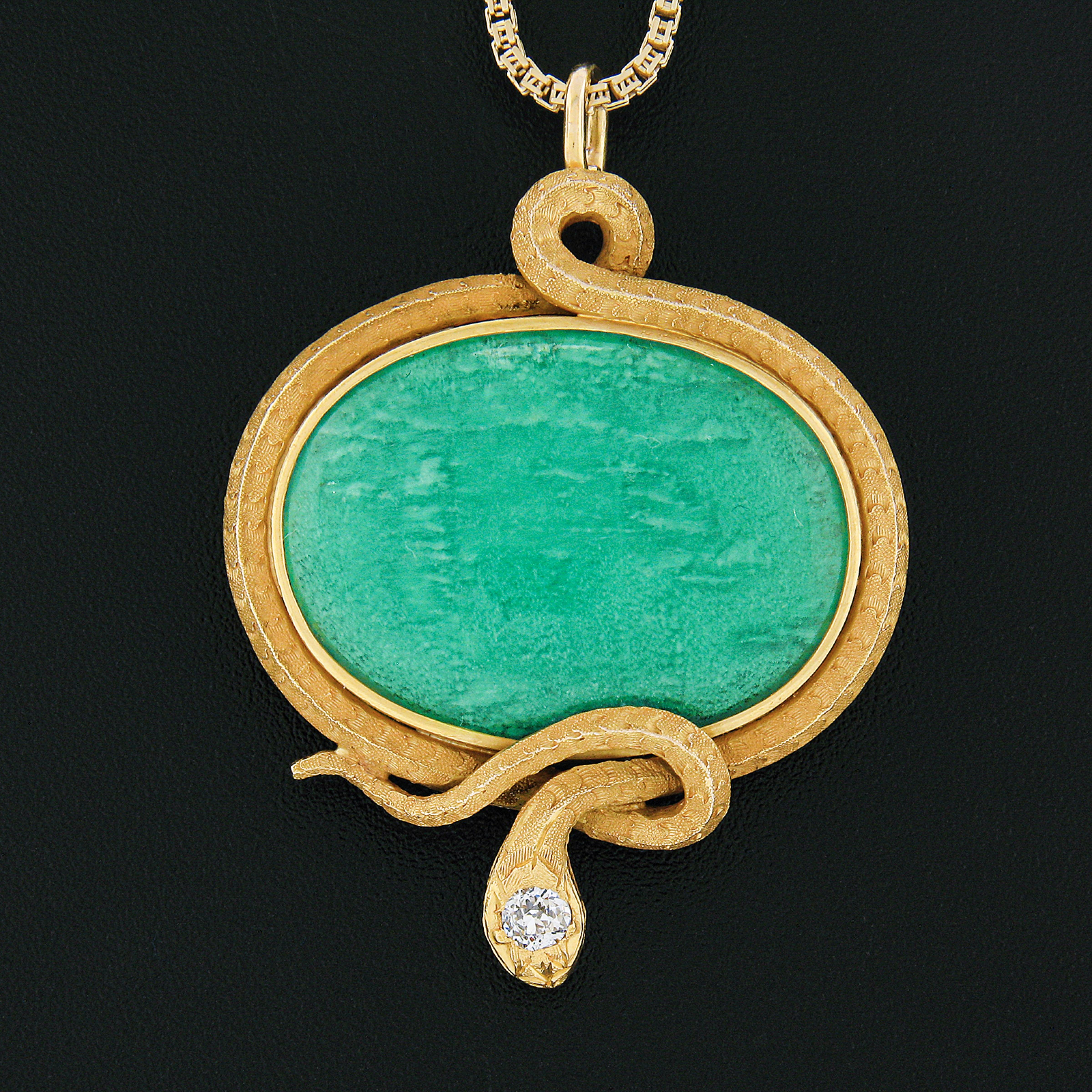 Oval Cut Antique Victorian 14k Gold Bezel Green Chrysoprase Snake Brooch Pendant w/ Chain