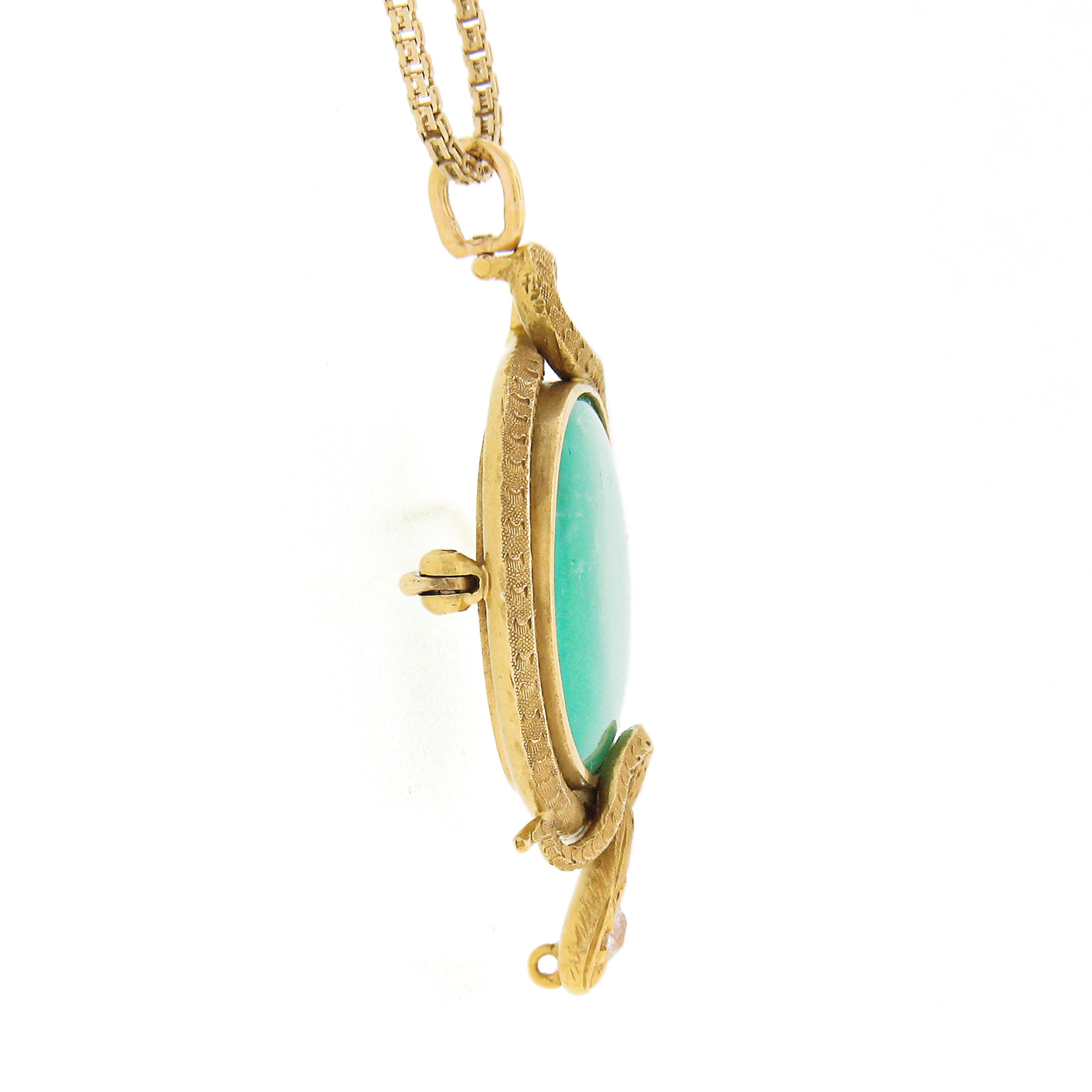 Antique Victorian 14k Gold Bezel Green Chrysoprase Snake Brooch Pendant w/ Chain In Good Condition In Montclair, NJ