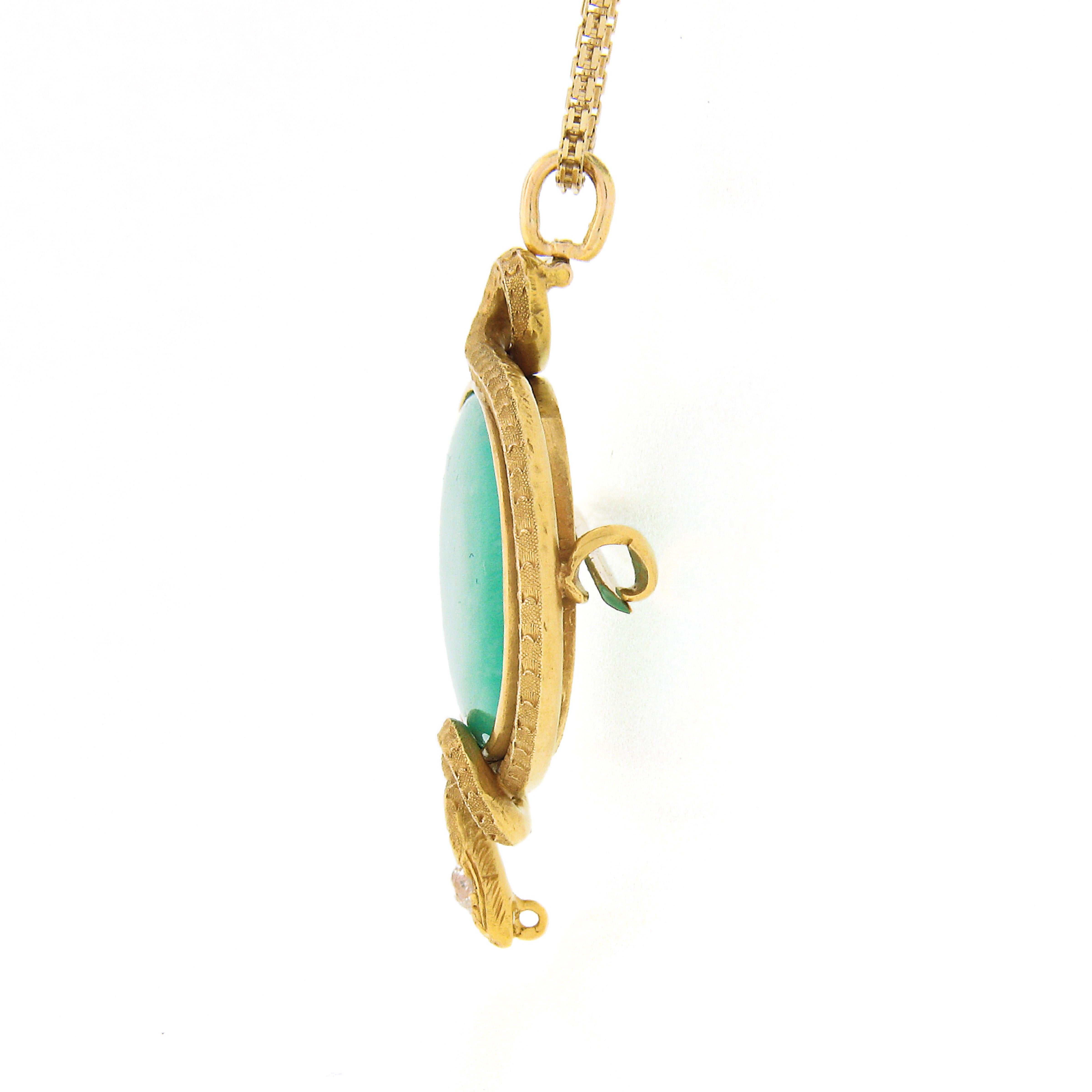 Women's or Men's Antique Victorian 14k Gold Bezel Green Chrysoprase Snake Brooch Pendant w/ Chain