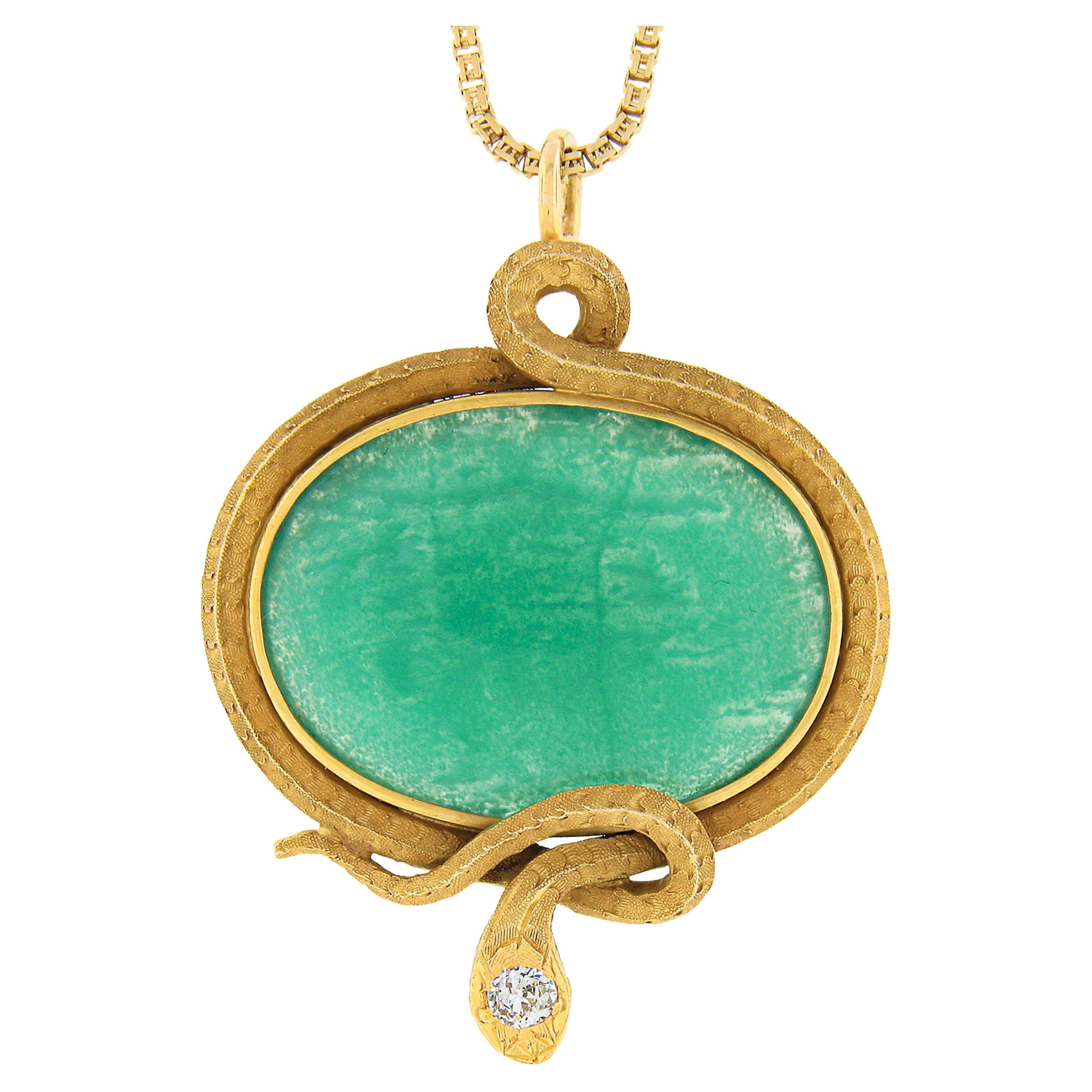 Antique Victorian 14k Gold Bezel Green Chrysoprase Snake Brooch Pendant w/ Chain