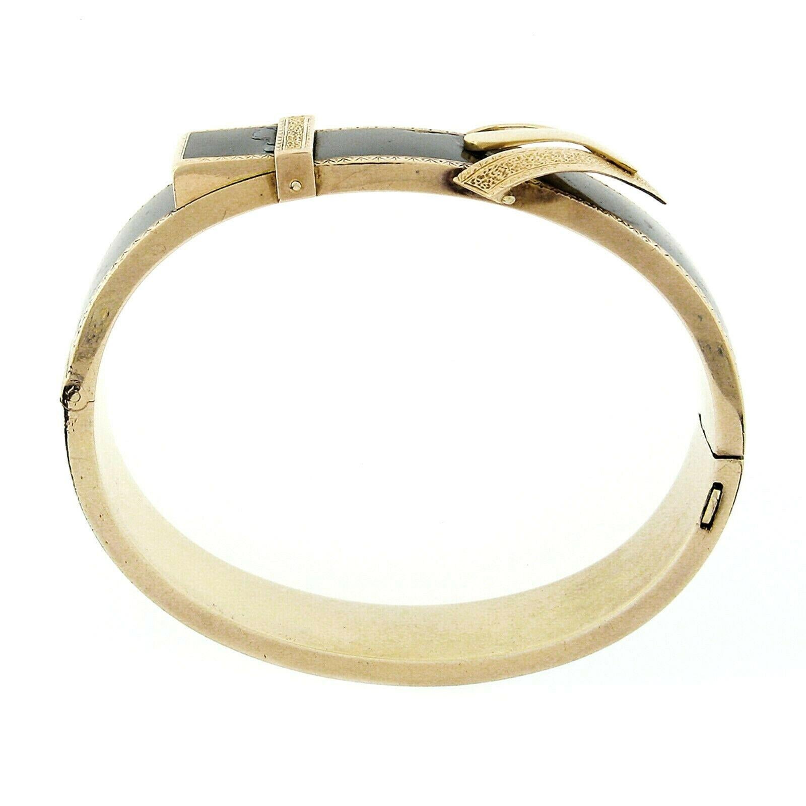 Women's or Men's Antique Victorian 14 Karat Gold Black Enamel Hinged Bangle Mourning Bracelet