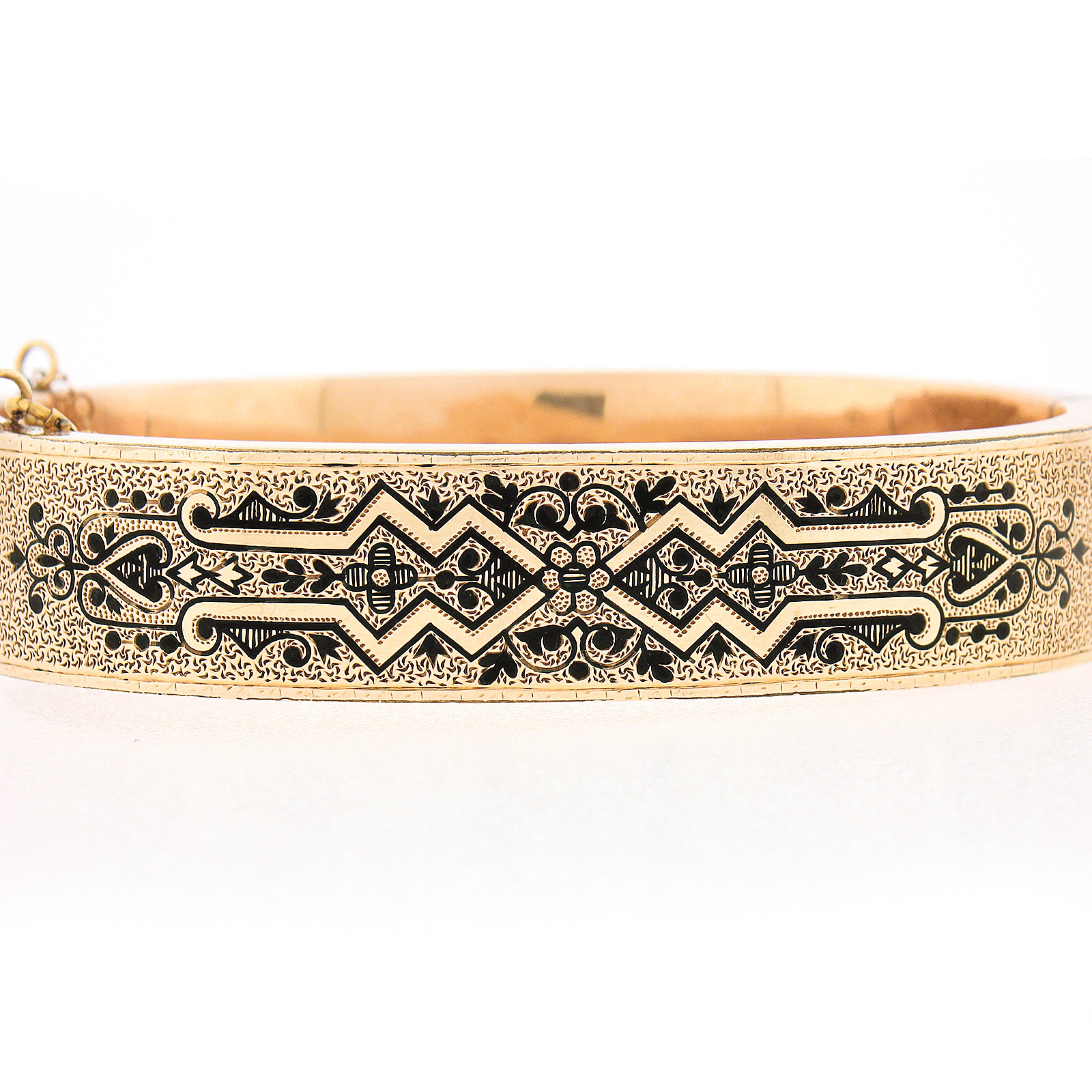 Women's Antique Victorian 14k Gold Black Enamel Textured Wide Mourning Bangle Bracelet For Sale