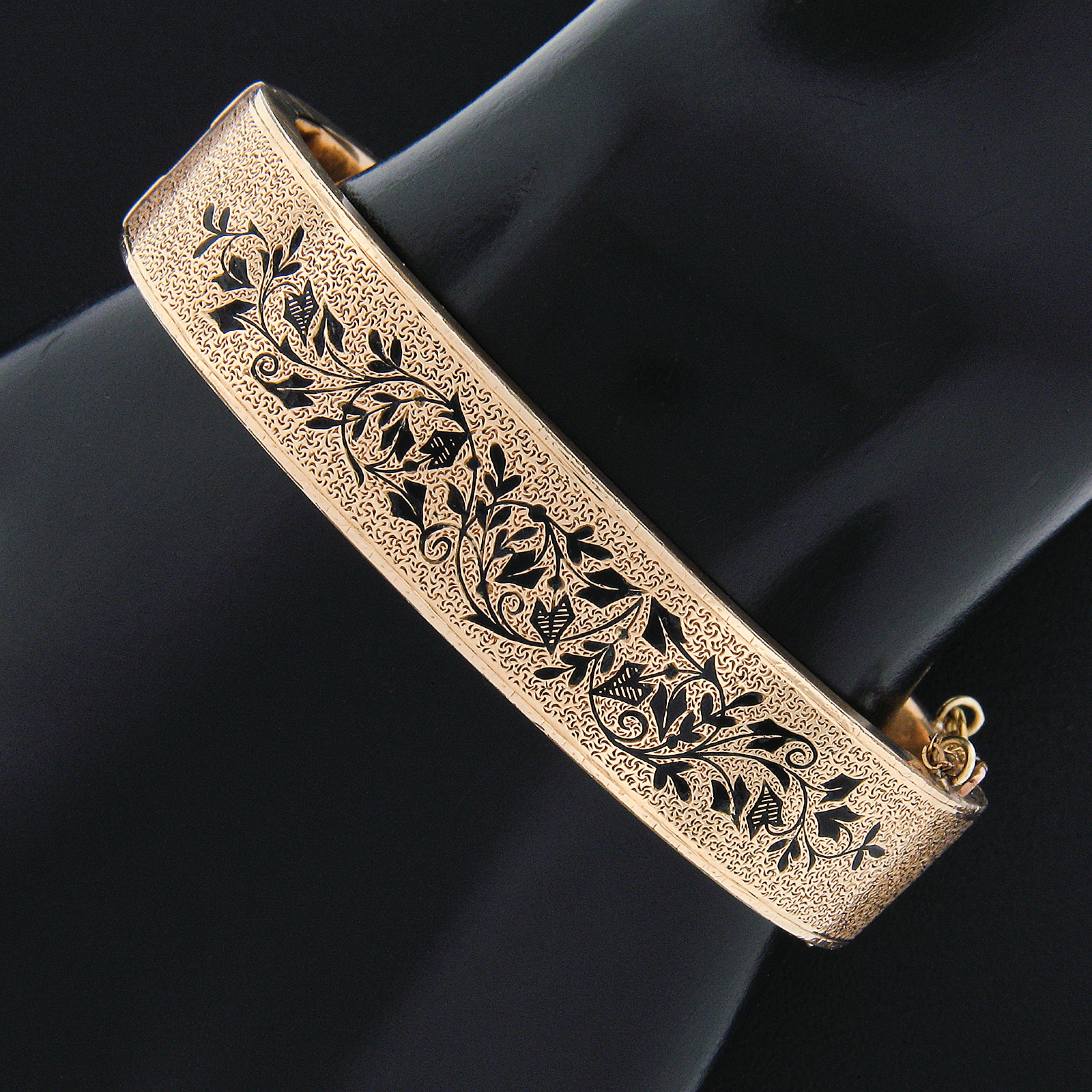 Antique Victorian 14k Gold Black Enamel Textured Wide Mourning Bangle Bracelet For Sale 3