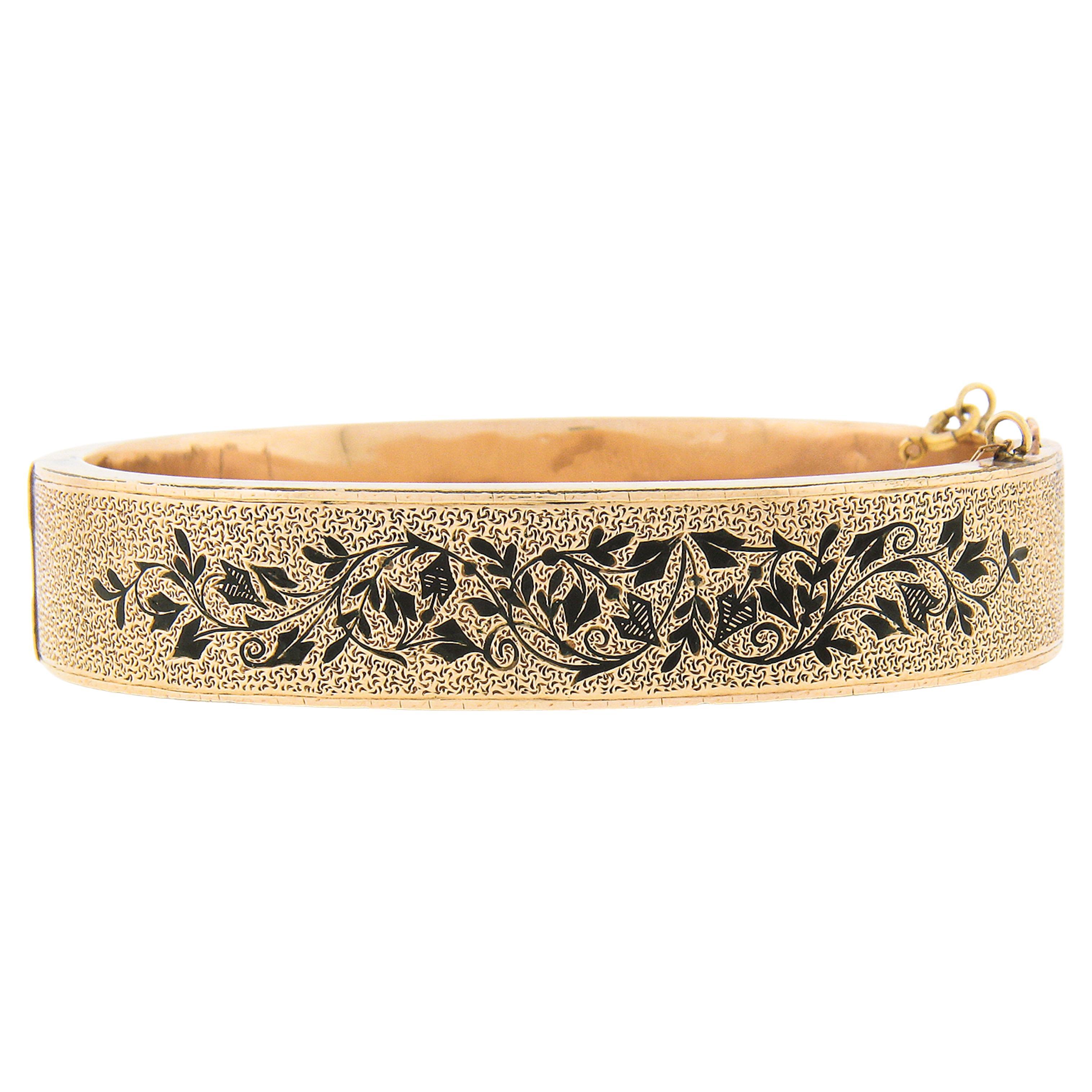 Antique Victorian 14k Gold Black Enamel Textured Wide Mourning Bangle Bracelet