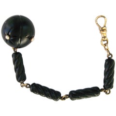 Antique Victorian 14K Gold Black Jet Pocket Watch Chain Fob, 1880s-90s