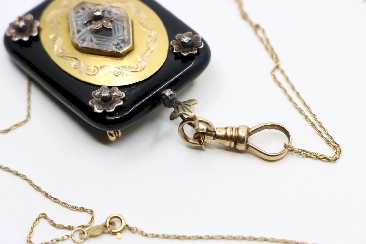 Antique Victorian 14K Gold Black Onyx Pendant Necklace For Sale 5