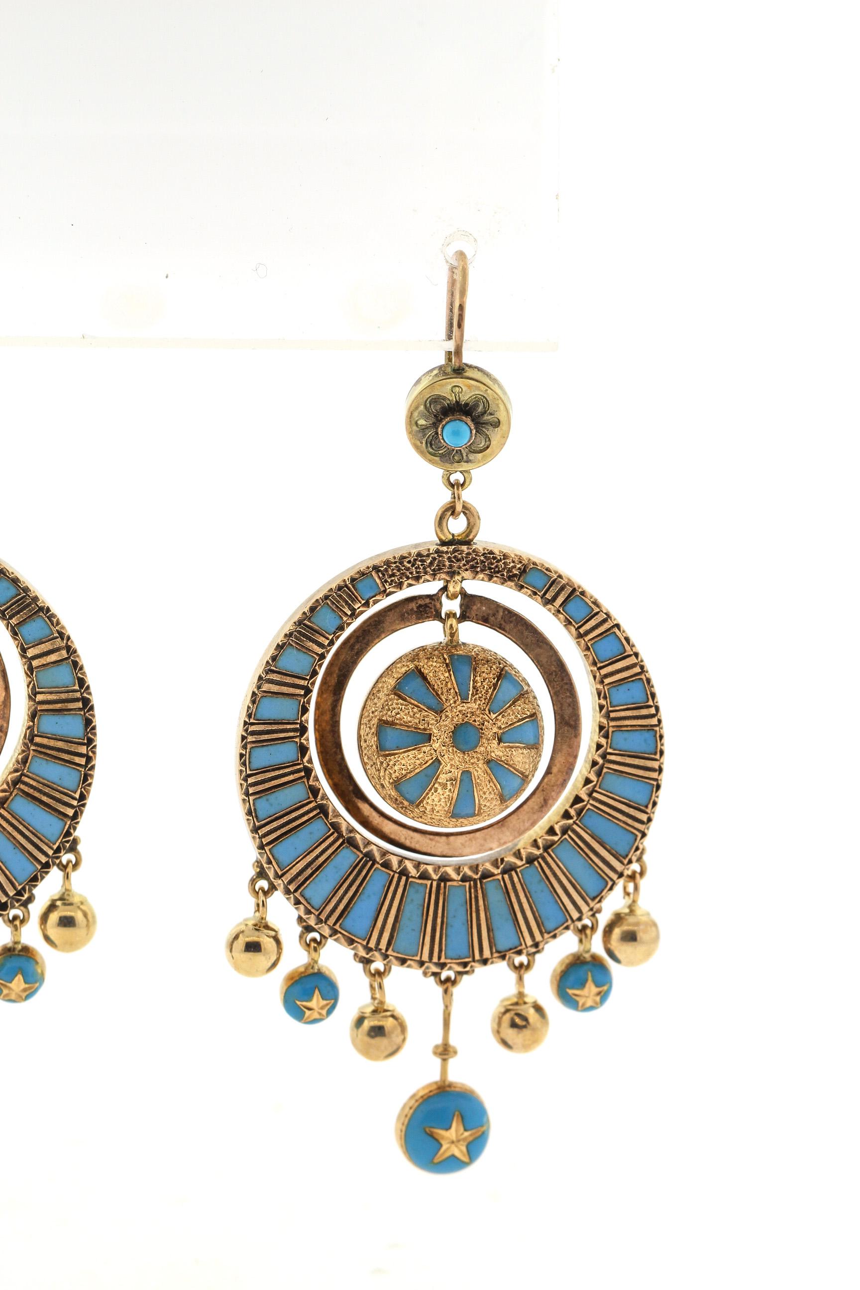 High Victorian Antique Victorian 14 Karat Gold Blue Enamel Dangling Earrings