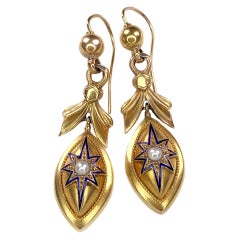 Antique Victorian 14K Gold Blue Enamel Pearl Dangle Star Earrings