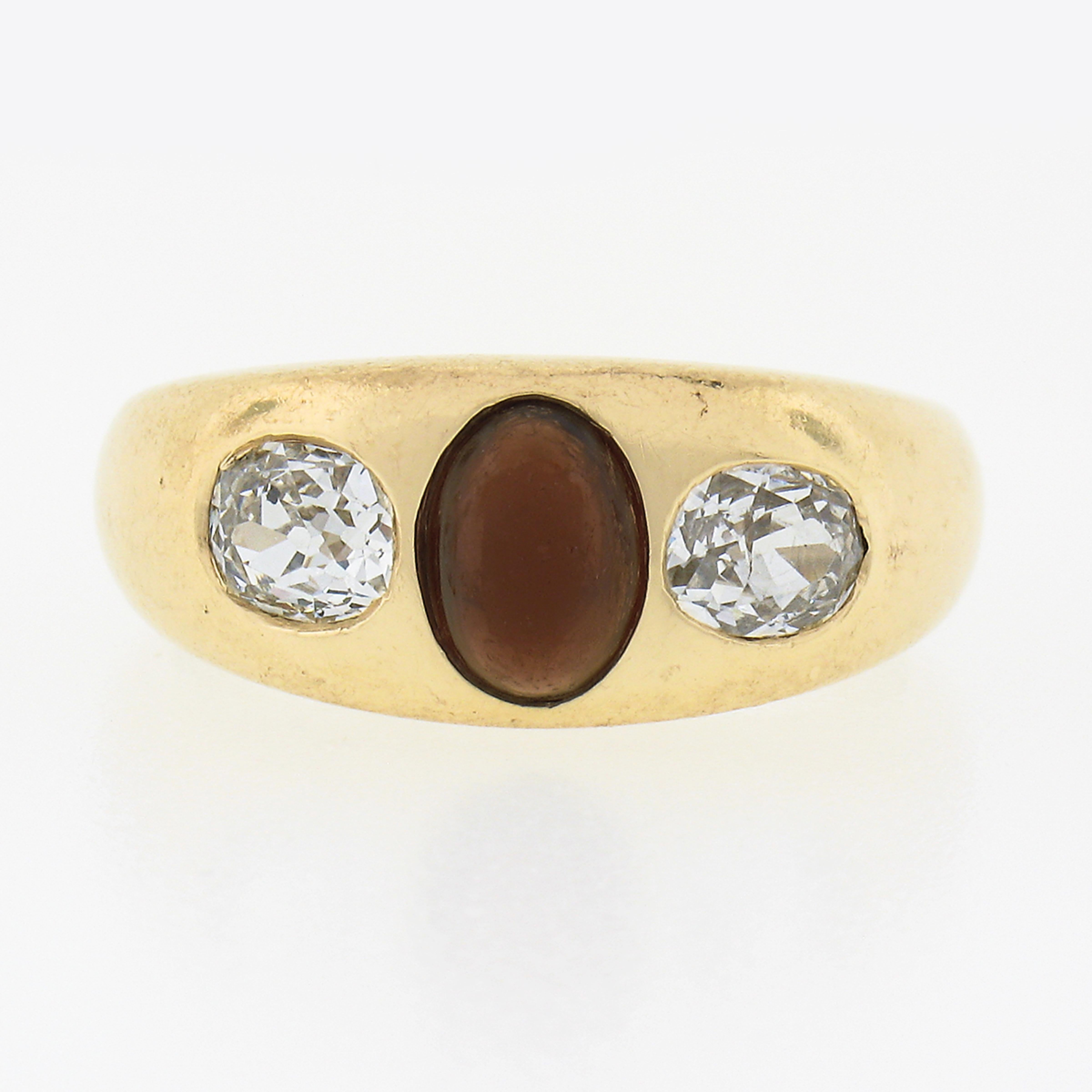 Oval Cut Antique Victorian 14k Gold Cabochon Garnet & Old Mine Diamond 3 Stone Flush Ring For Sale
