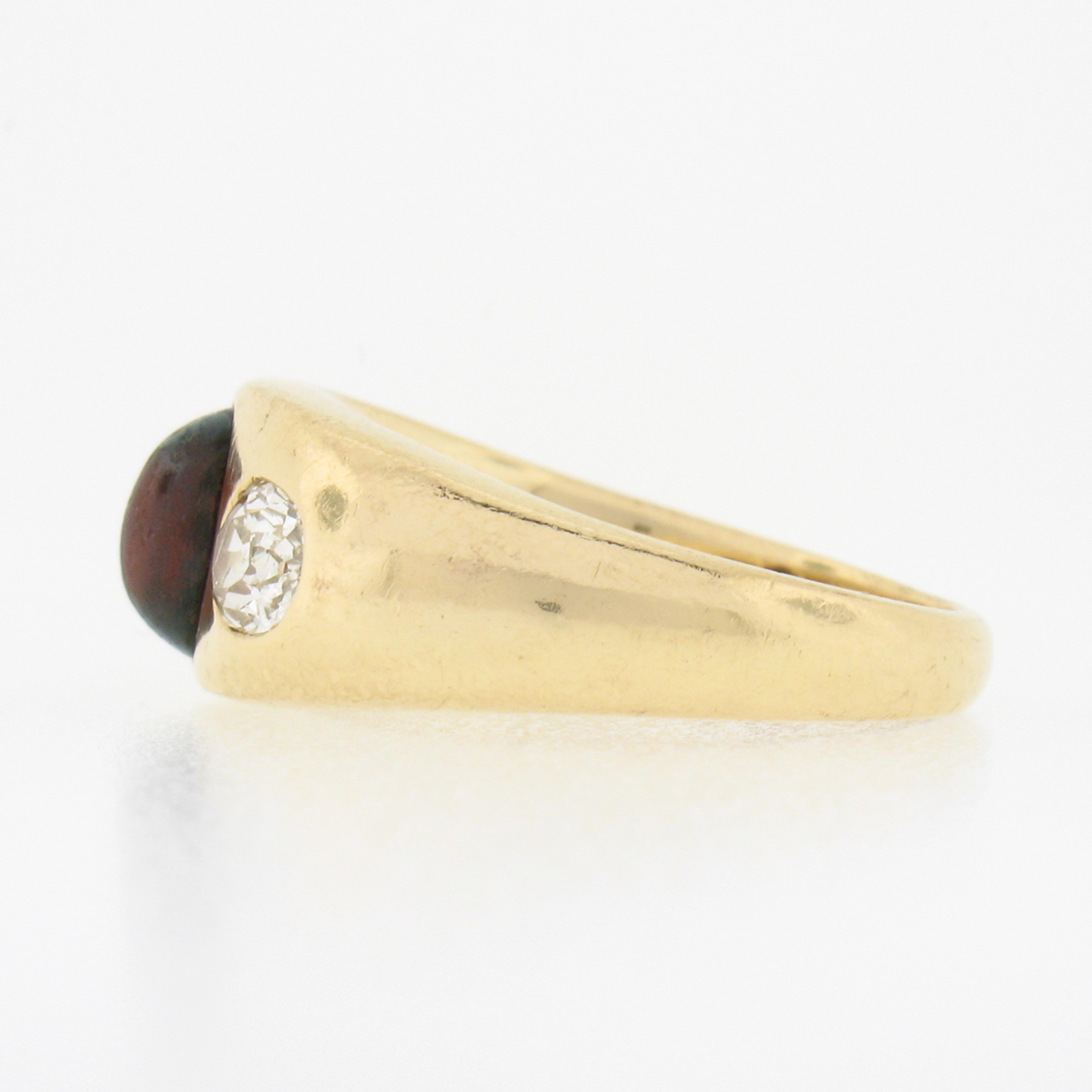 Women's or Men's Antique Victorian 14k Gold Cabochon Garnet & Old Mine Diamond 3 Stone Flush Ring For Sale