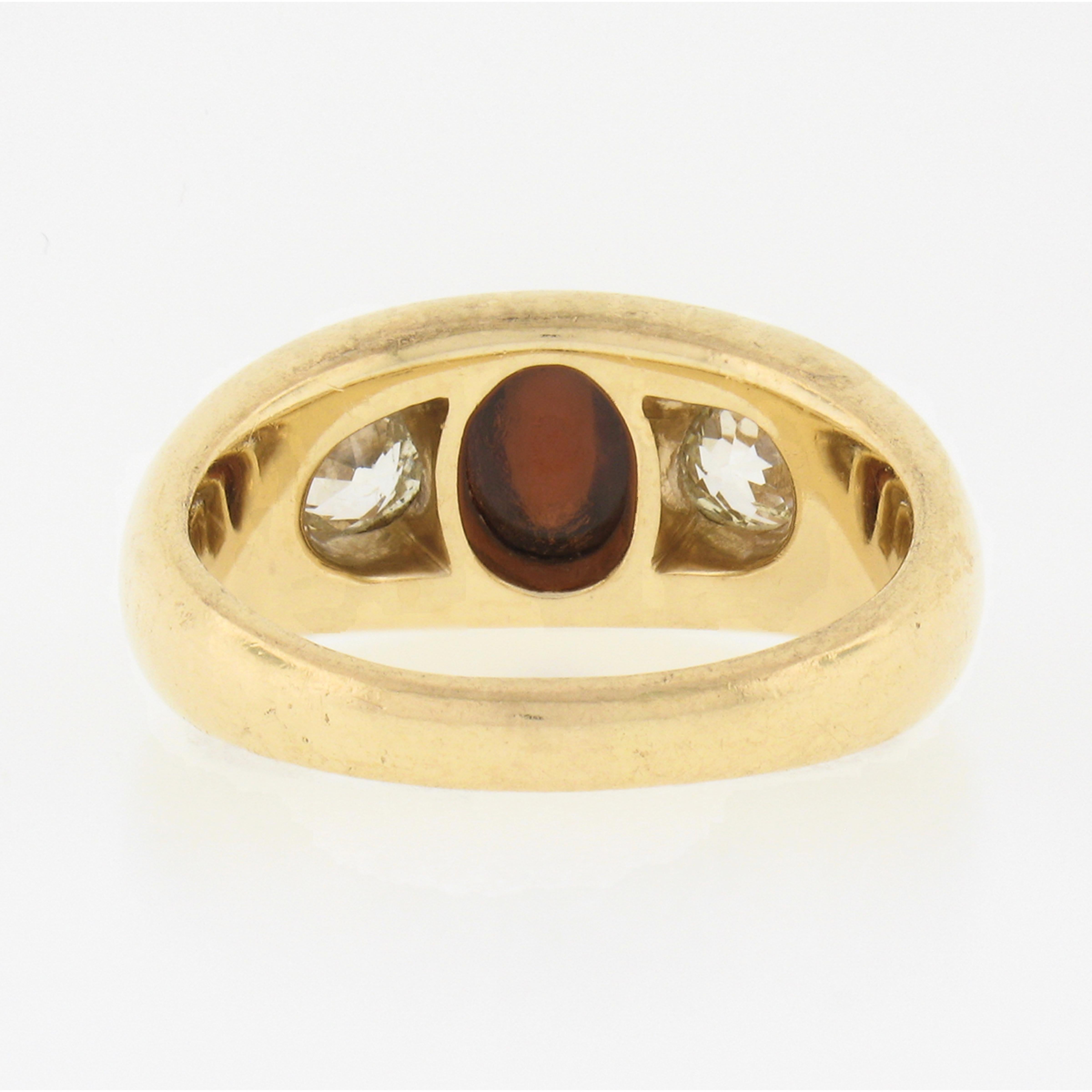 Antique Victorian 14k Gold Cabochon Garnet & Old Mine Diamond 3 Stone Flush Ring For Sale 1