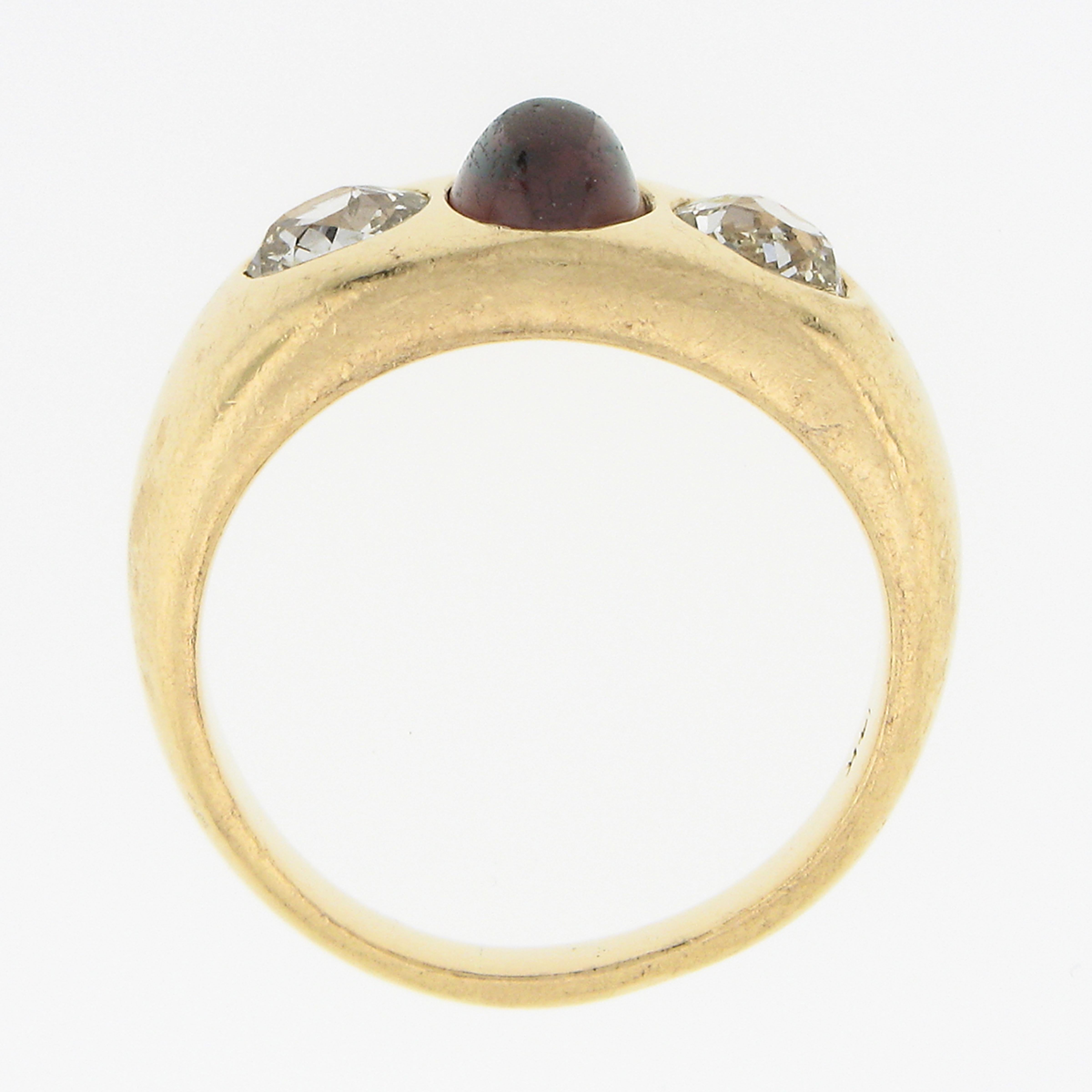 Antique Victorian 14k Gold Cabochon Garnet & Old Mine Diamond 3 Stone Flush Ring For Sale 2