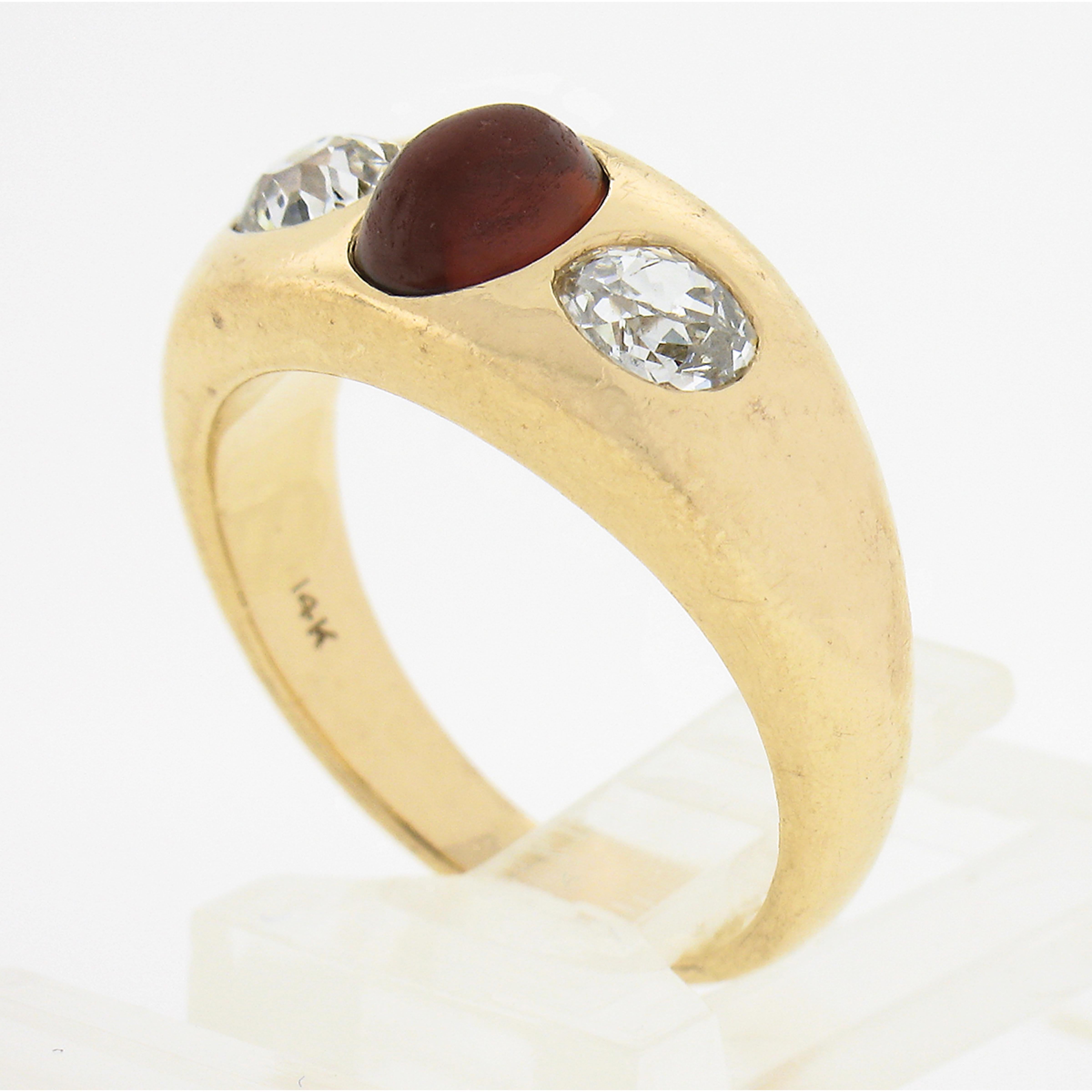 Antique Victorian 14k Gold Cabochon Garnet & Old Mine Diamond 3 Stone Flush Ring For Sale 3