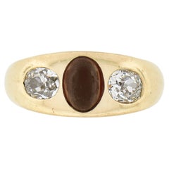 Retro Victorian 14k Gold Cabochon Garnet & Old Mine Diamond 3 Stone Flush Ring