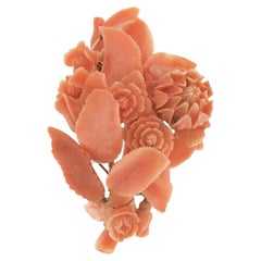Antique Victorian 14k Gold Carved Engraved Coral Rose Flower Statement Brooch