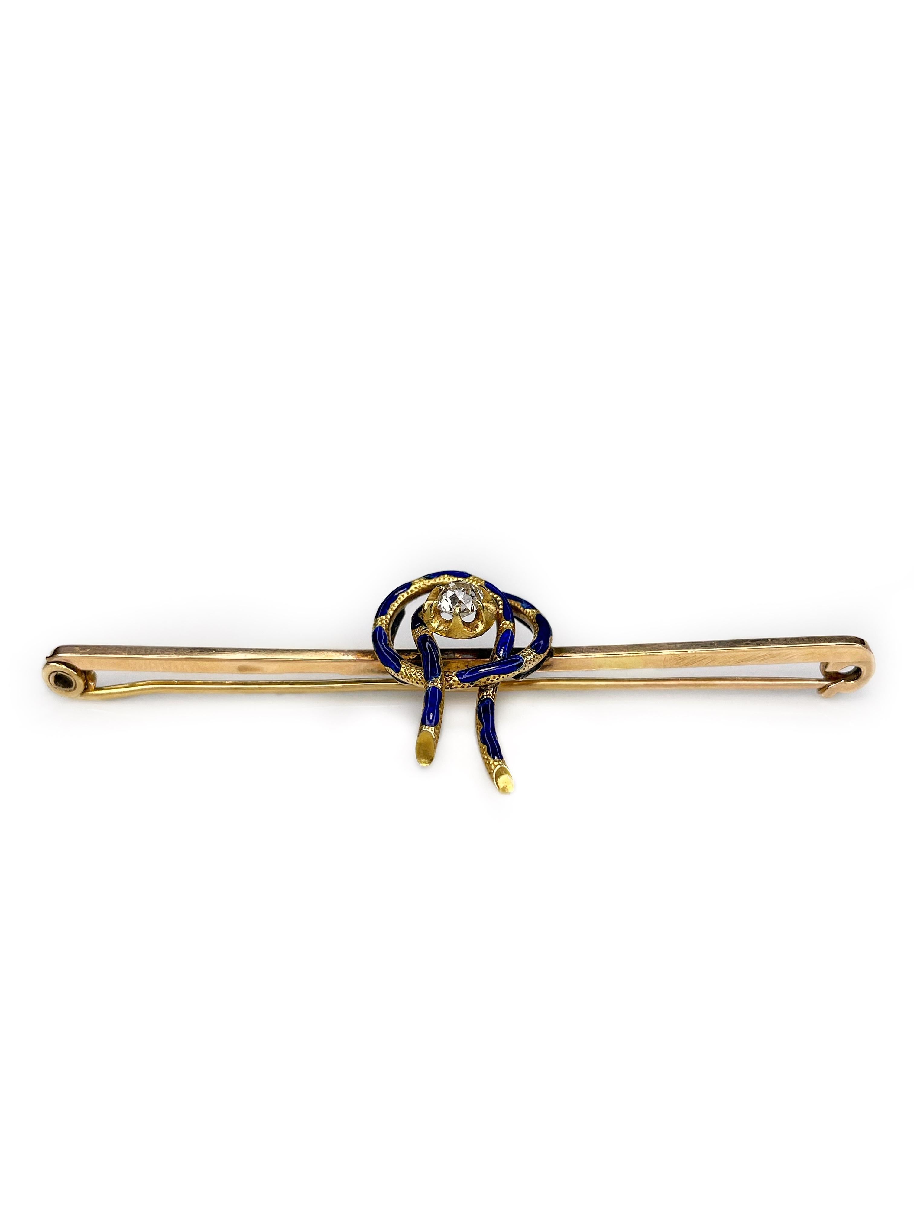 It is a beautiful antique bar brooch in 14K yellow gold. It features 0.23ct old cut diamond, which colour is W-STW and clarity - P1. Cobalt blue enamel is in perfect condition. 

There are hallmarks (shown in photos).

Weight: 6.57g
Size: 7x2.3cm