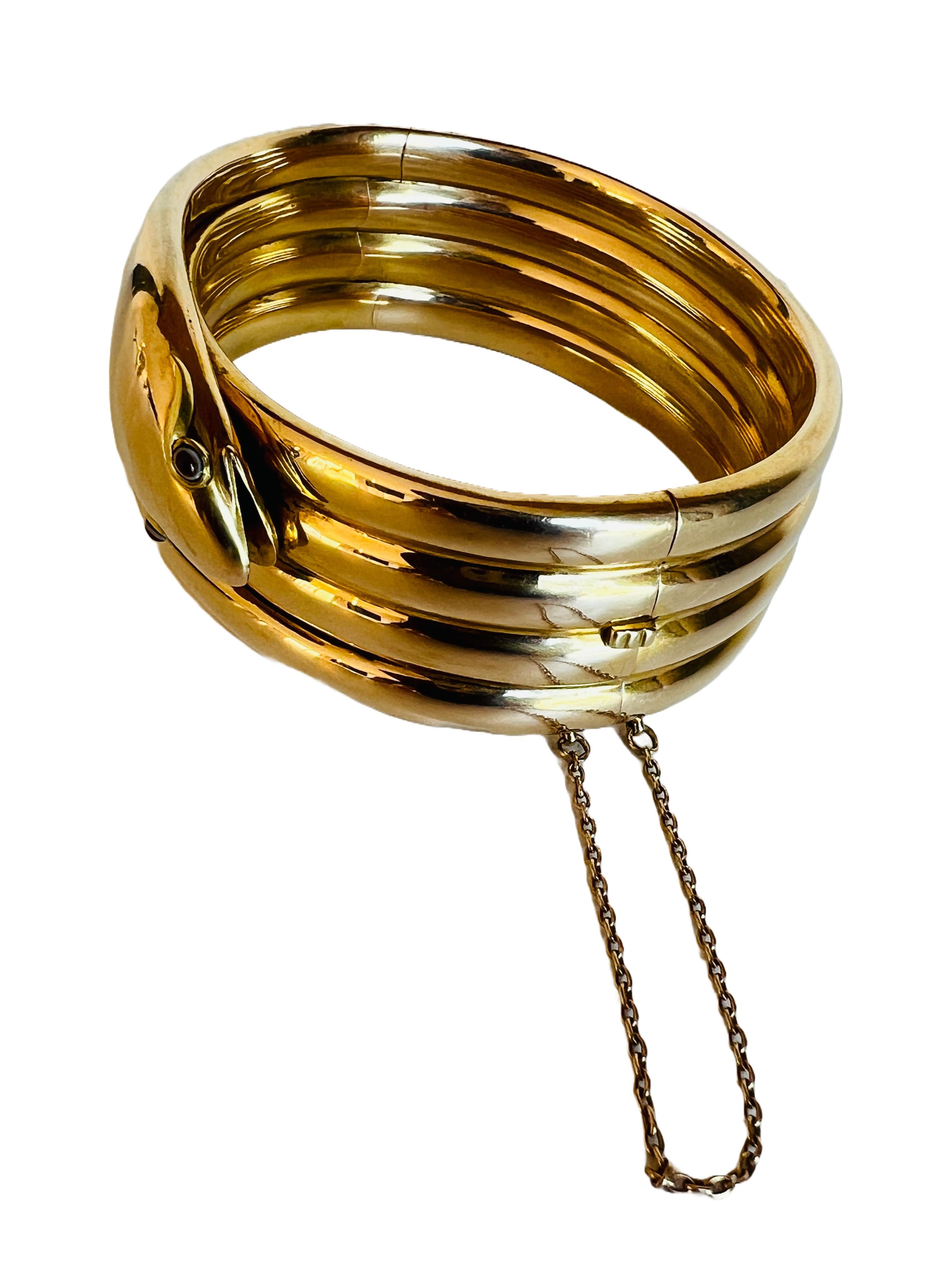 Antique Victorian 14K Gold Coiled Snake Agate Cabochon Eyes Hinged Bracelet For Sale 6