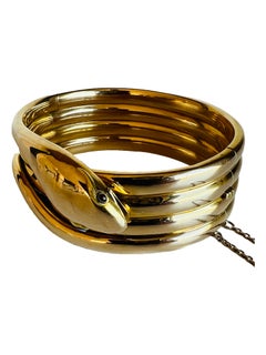 Antique Victorian 14K Gold Coiled Snake Agate Cabochon Eyes Hinged Bracelet