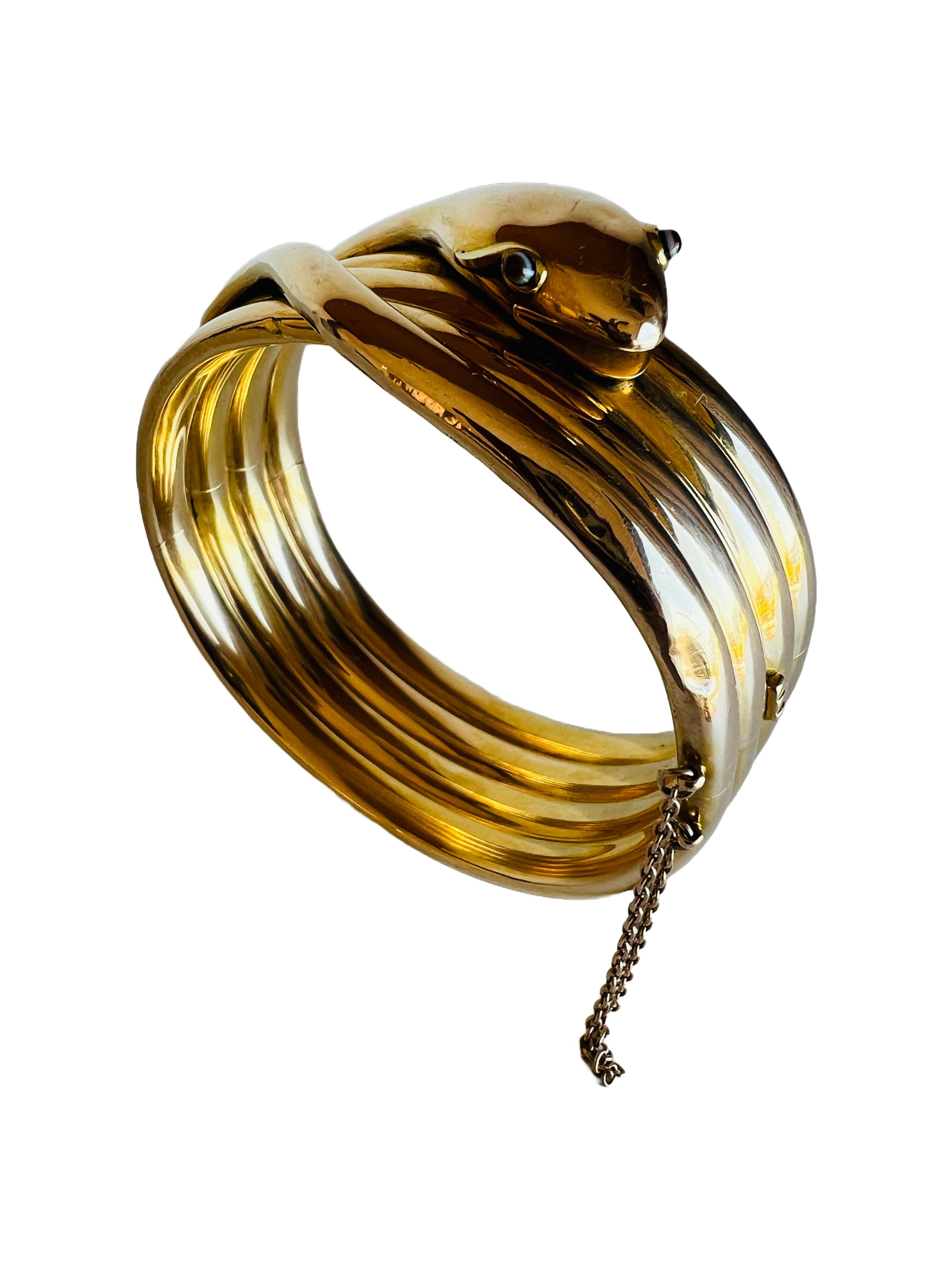 Antique Victorian 14K Gold Coiled Snake Agate Cabochon Eyes Hinged Bracelet For Sale 3