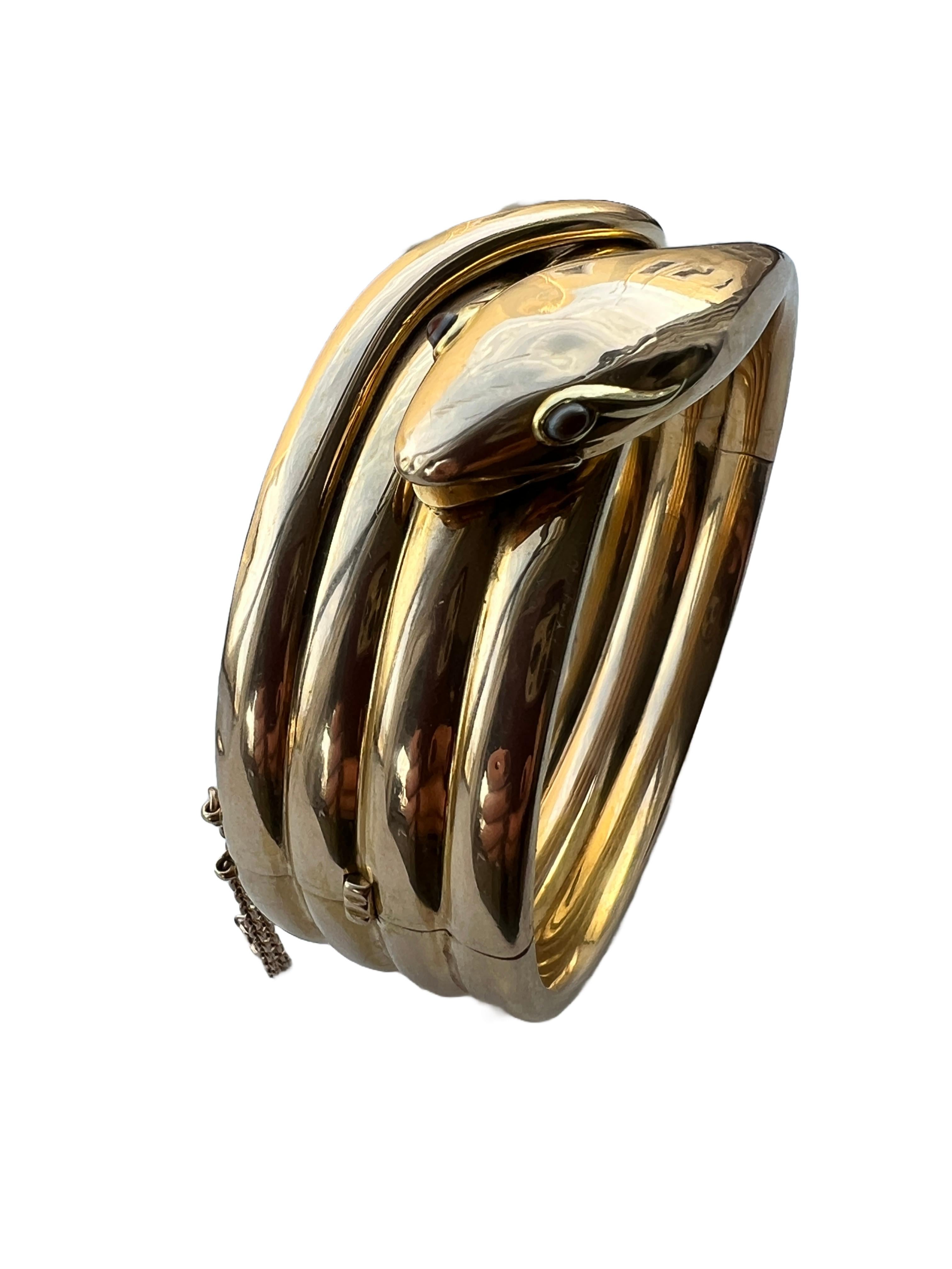 Antique Victorian 14K Gold Coiled Snake Agate Cabochon Eyes Hinged Bracelet For Sale 4