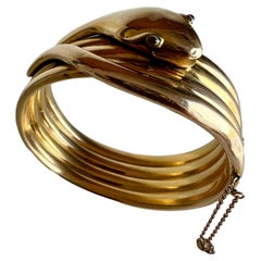Antique Victorian 14K Gold Coiled Snake Agate Cabochon Eyes Hinged Bracelet