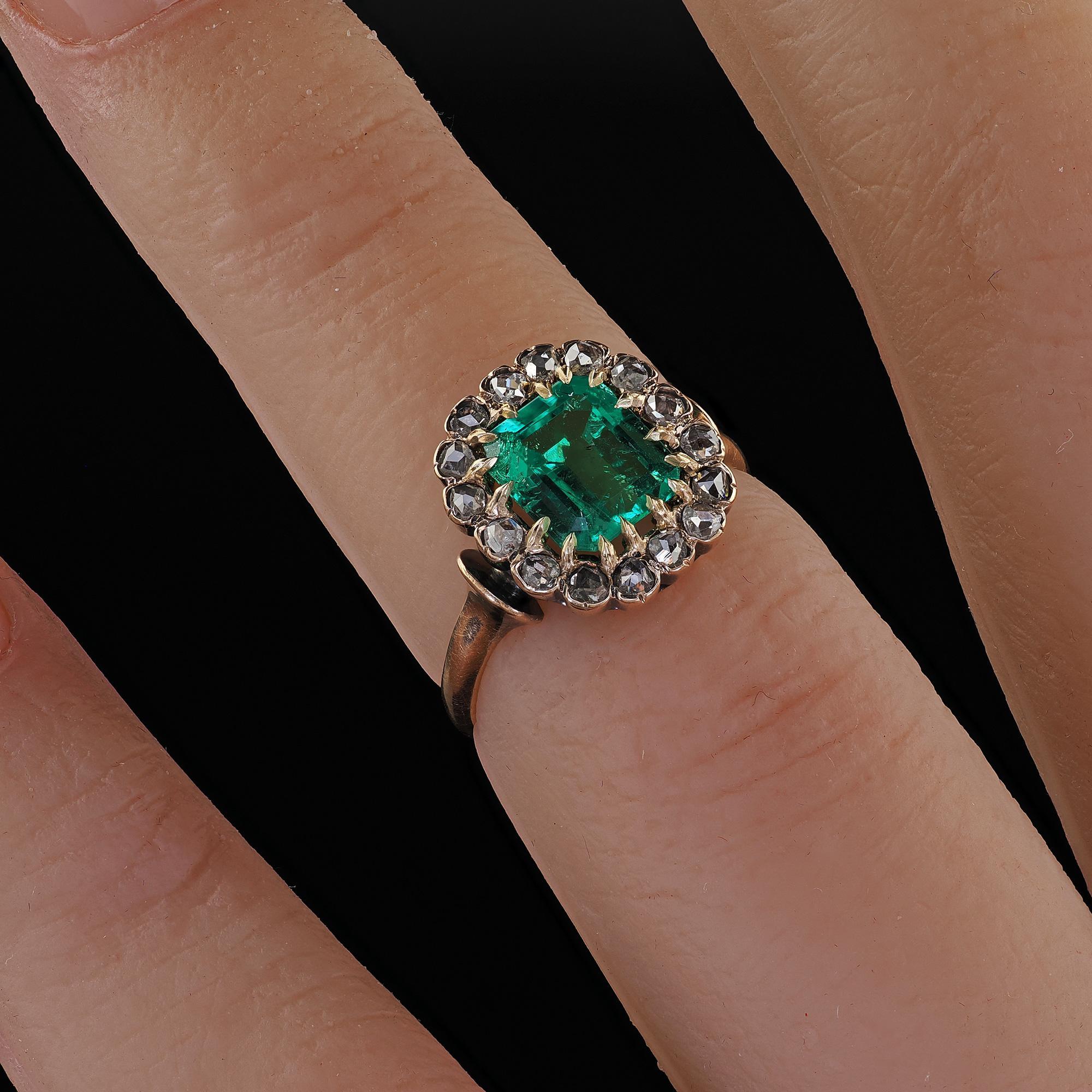 Antique Victorian 14K Gold Colombian Emerald Diamond Engagement Ring - GIA 5