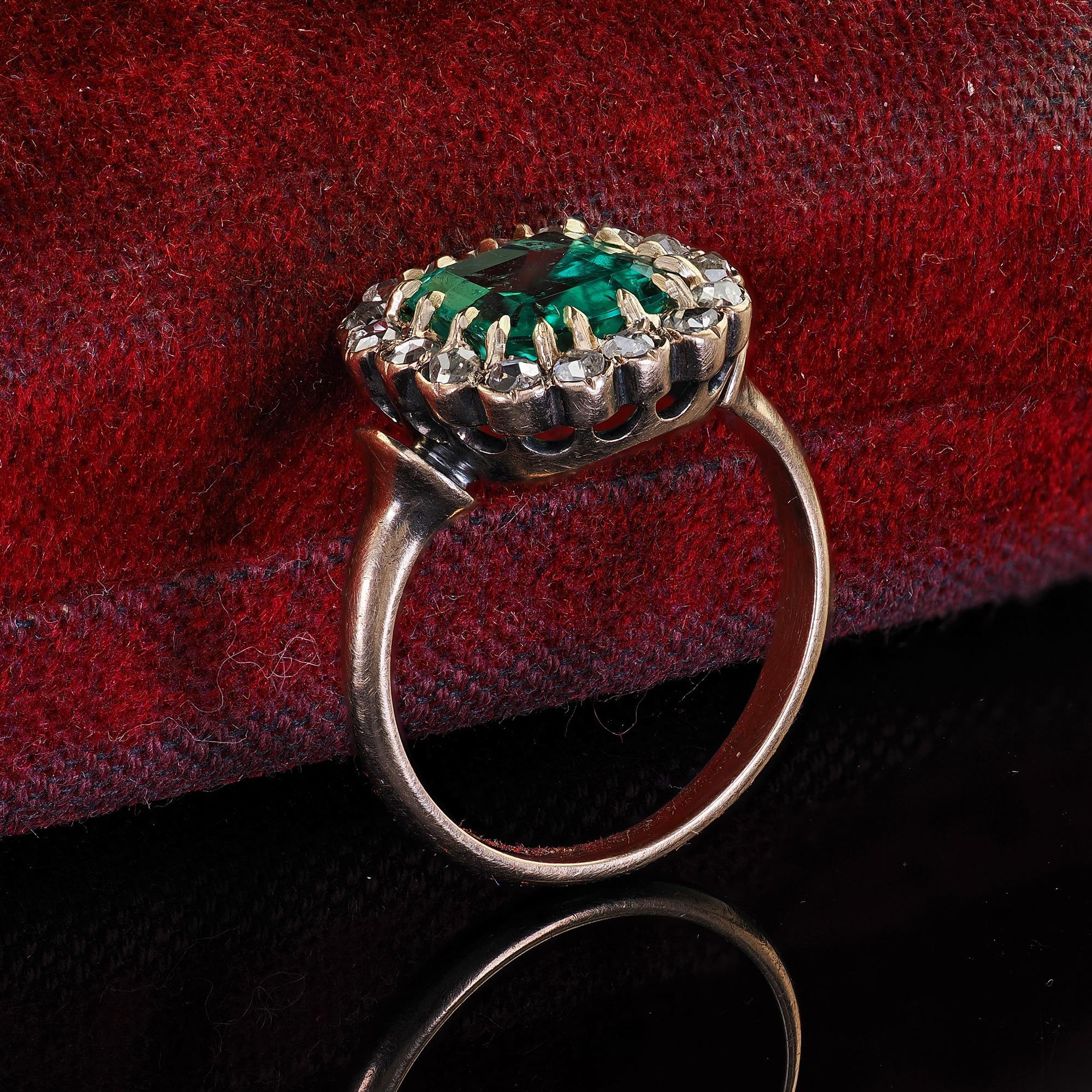 Octagon Cut Antique Victorian 14K Gold Colombian Emerald Diamond Engagement Ring - GIA