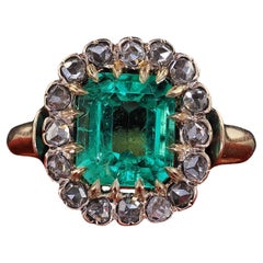Antique Victorian 14K Gold Colombian Emerald Diamond Engagement Ring - GIA