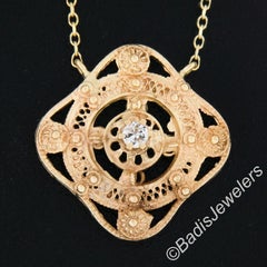 Antique Victorian 14K Gold Cubic Zirconia Filigree & Bead Work Pendant Necklace