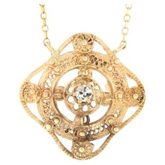 Antique Victorian 14K Gold Cubic Zirconia Filigree & Bead Work Pendant Necklace